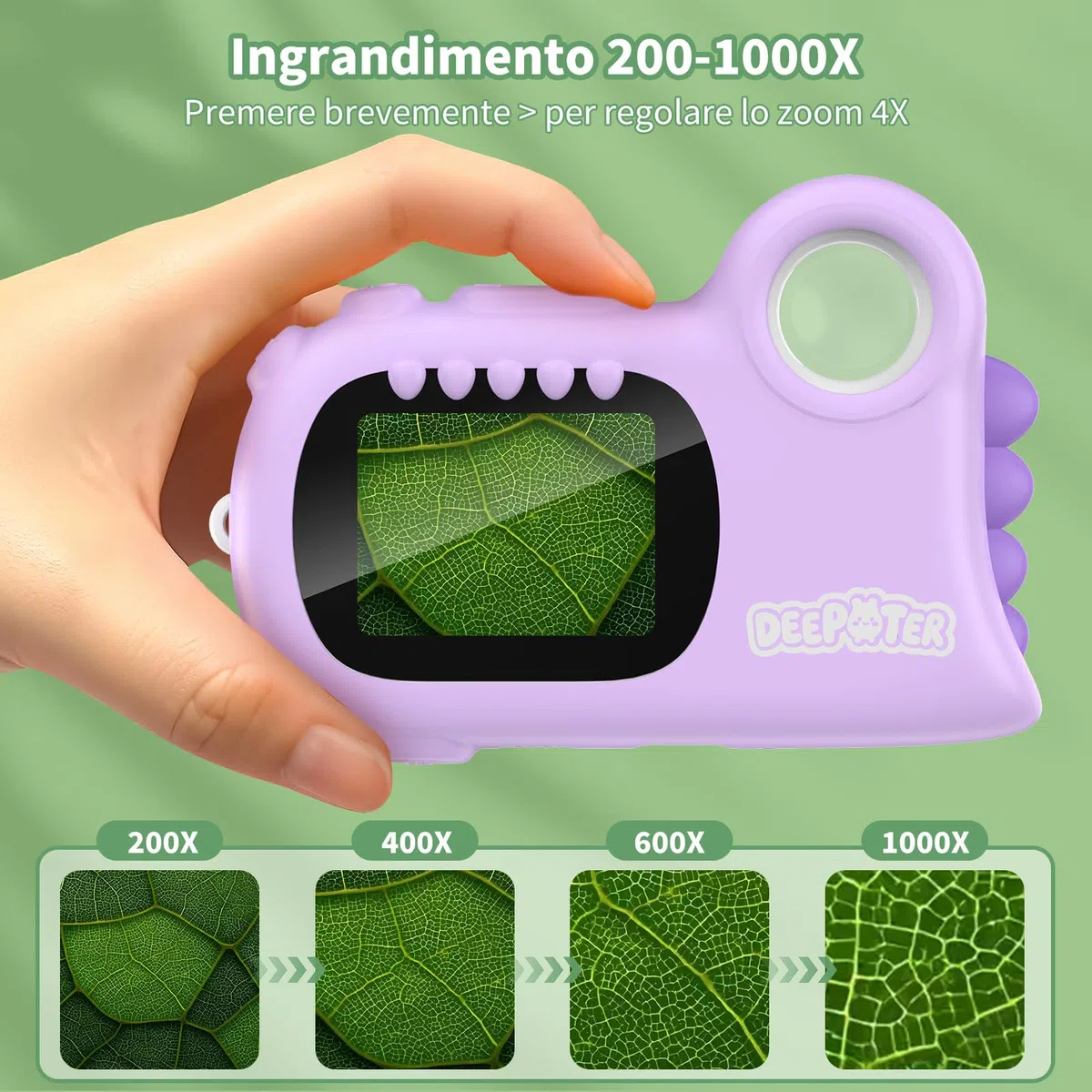 2 in 1 Microscopio Bambini, Deepoter 1000X Microscopio Digitale, Microscopios Portatile con 8 LED Regolabili, Adatto come Regalo di Natale, Compleanno o Capodannodai 3 Aagli 12 Anni, Viola