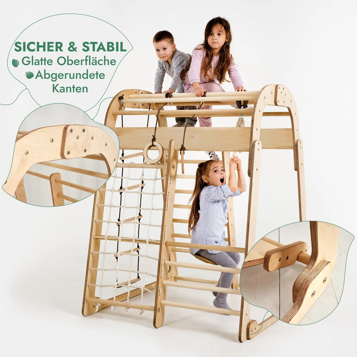 Montessori Struttura in Legno per Bambini, Parco Giochi con Scivolo, Altalena, Parete da Arrampicata, Corda, Scala a Maglia 3-8