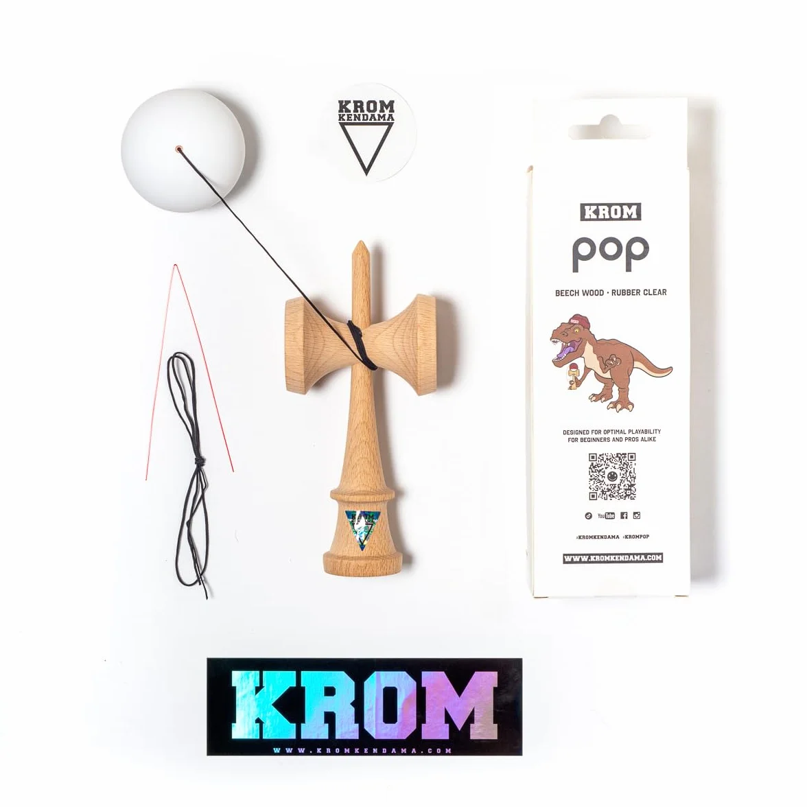 KROM Kendama POP Rubber bianco – in legno di faggio certificato – legno di alta qualità – per principianti e professionisti – Confezione: corda di ricambio + adesivi