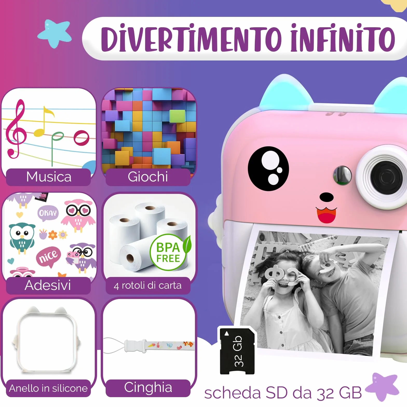 Macchina Fotografica Bambini Istantanea – Doppio Obiettivo 48MP, Video 1080P, Stampa Termica con 4 Rotoli di Carta – App Bluetooth, Scheda da 32GB – Regalo per Bambine & Bambini 3-12 Anni (Rosa)