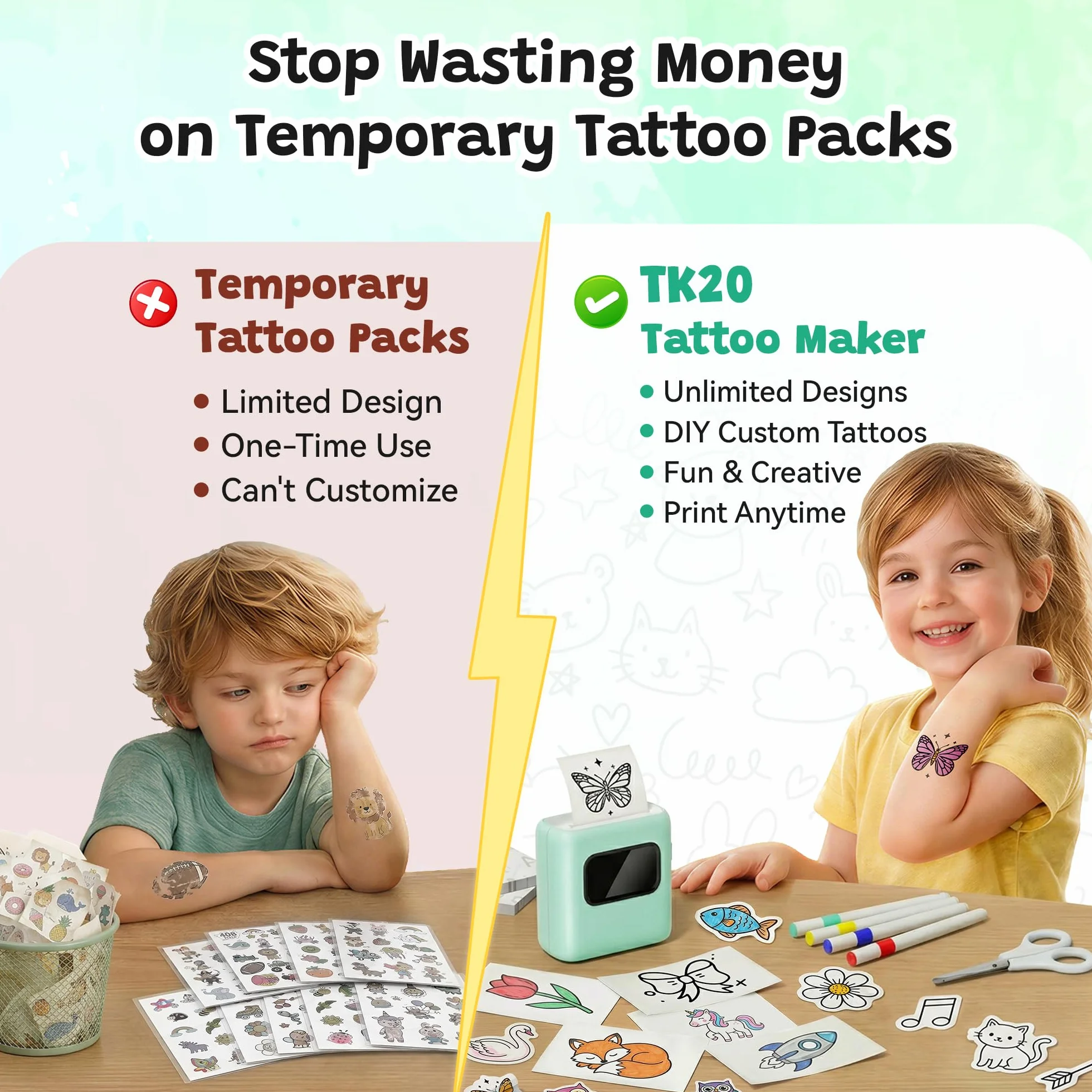 TATTMUSE Stampante Tatuaggi per Bambini, Regalo Bambina 6 7 8 9 10 Anni con 40 fogli per Tattoo e 4 Pennarelli, Tatuaggi Temporanei - Attività Fai da te per Giochi Bambina 11 12 Anni