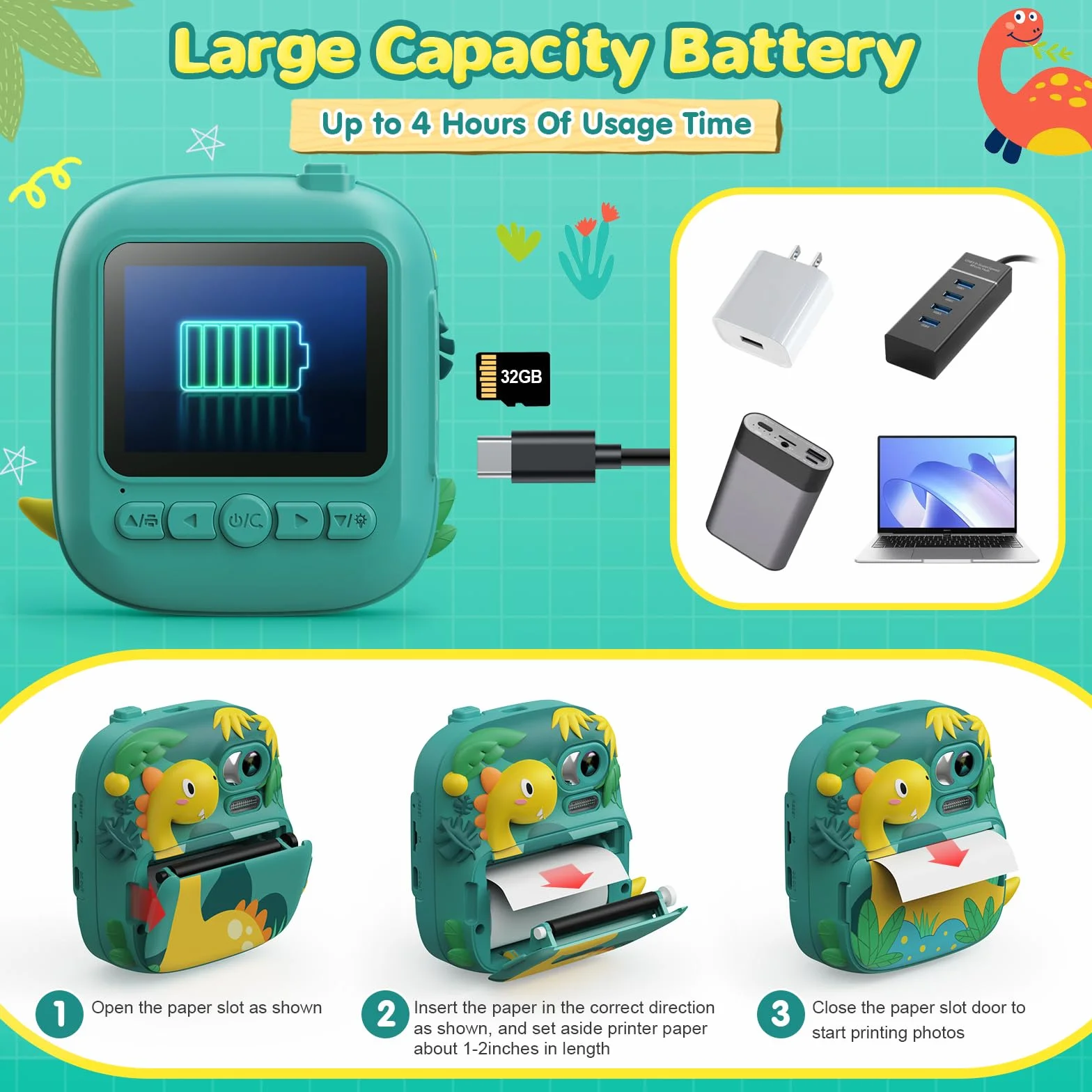 Macchina Fotografica Bambini Istantanea, CAMCLID 2,4 Pollici Fotocamera Bambini con 32GB Scheda, 12MP/1080P Fotocamera Digitale Dinosauro, Regali per Ragazzi Ragazze da 3-12 Anni (Verde)