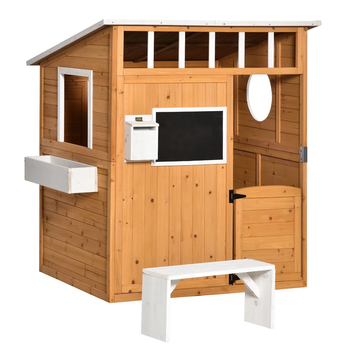 Outsunny Casetta per Bambini in Legno 122x108x135.5cm Gialla con Porta Finestre Panca Portavasi