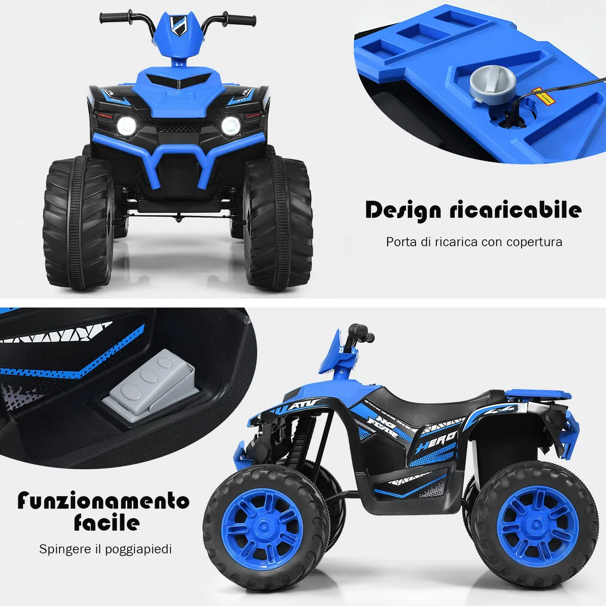 Costway 12V Quad Elettrico per Bambini, Auto Elettrica Cavalcabile con Luci LED e Musica, 5km/h, 3-7 Anni Blu