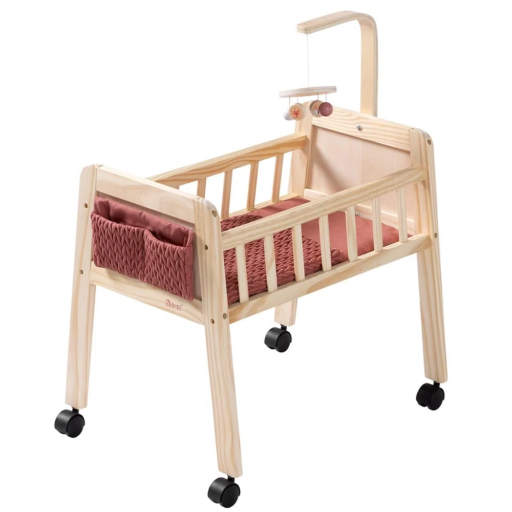 howa Letto per bambole in legno Grace con ruote, mobile, materasso, coperta e borsa in tessuto, mobili per bambole fino a 50 cm 2170
