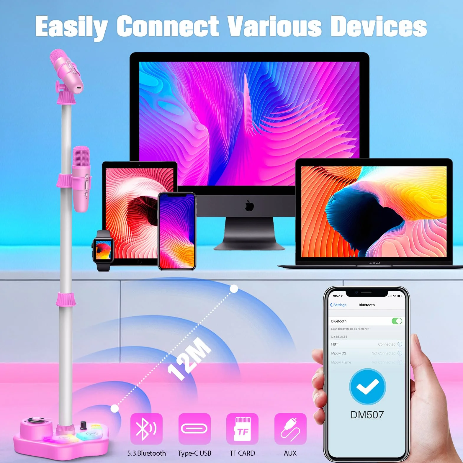 Microfono Giocattolo Musicale con Luci LED Altoparlante Bluetooth Supporto Regolabile 47-108 cm Rosa