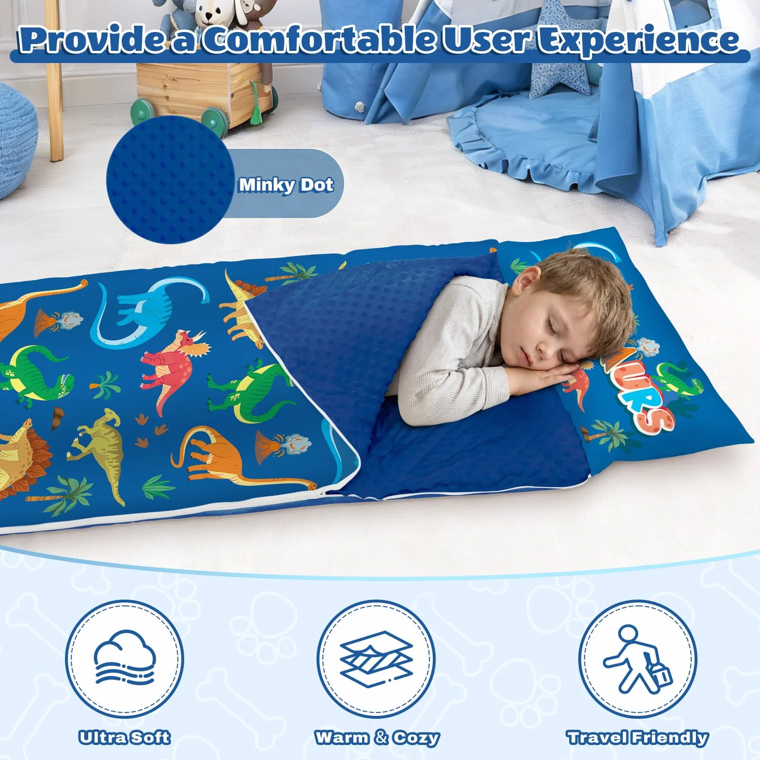 Sacco a Pelo per Bambini con Cuscino e Doppia Cerniera, 150x60 cm Nap Mat per Bambini, Ideale per Casa, Asilo, Scuola Materna e Campeggio