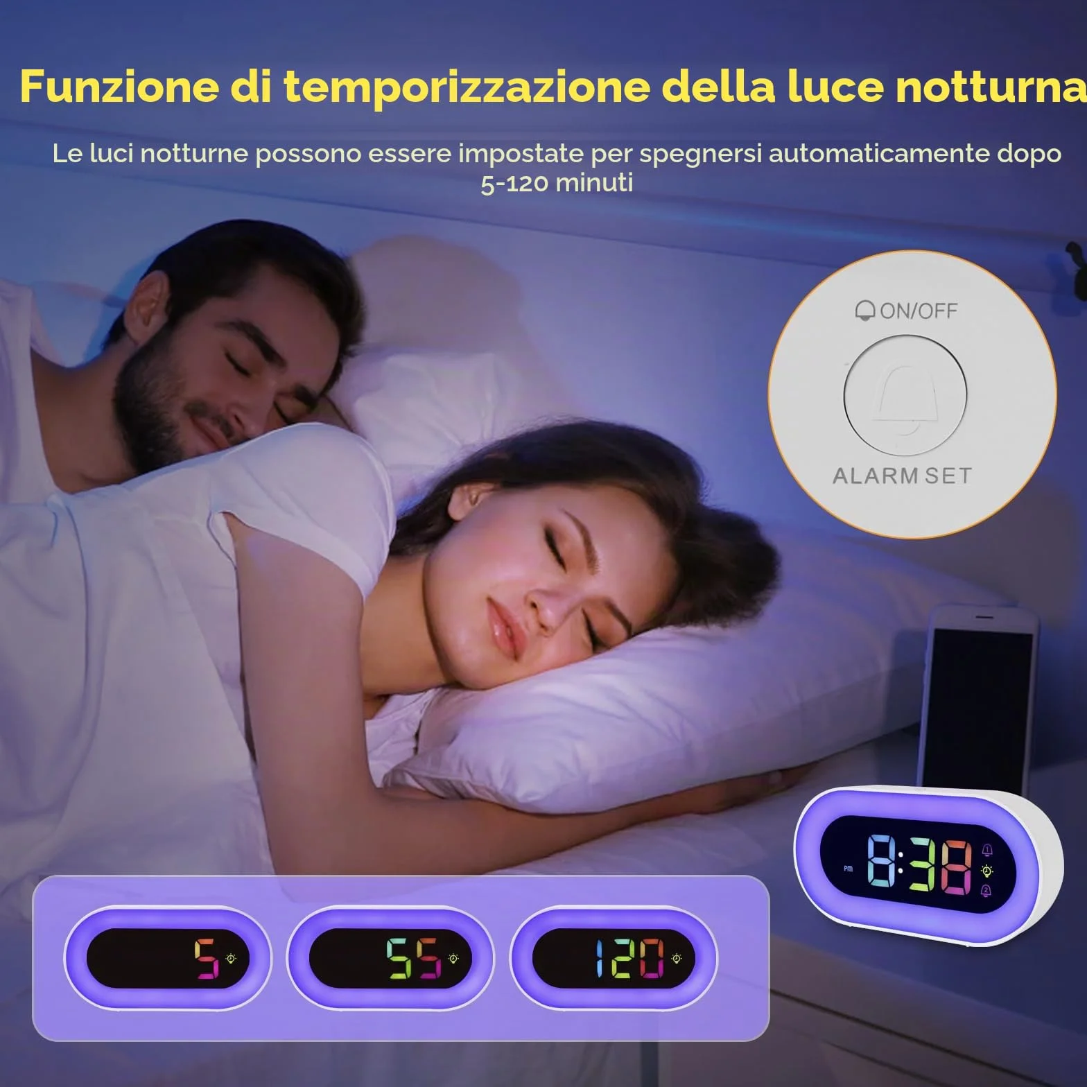 Seutgjie Sveglia Bambina, Sveglia Digitale da Comodino con Batteria USB Ricaricabile 2500mAh 9 RGB Luce Notturna Doppi Allarmi 18 Suonerie Modalità Snooze 12/24 ore Regalo Natale