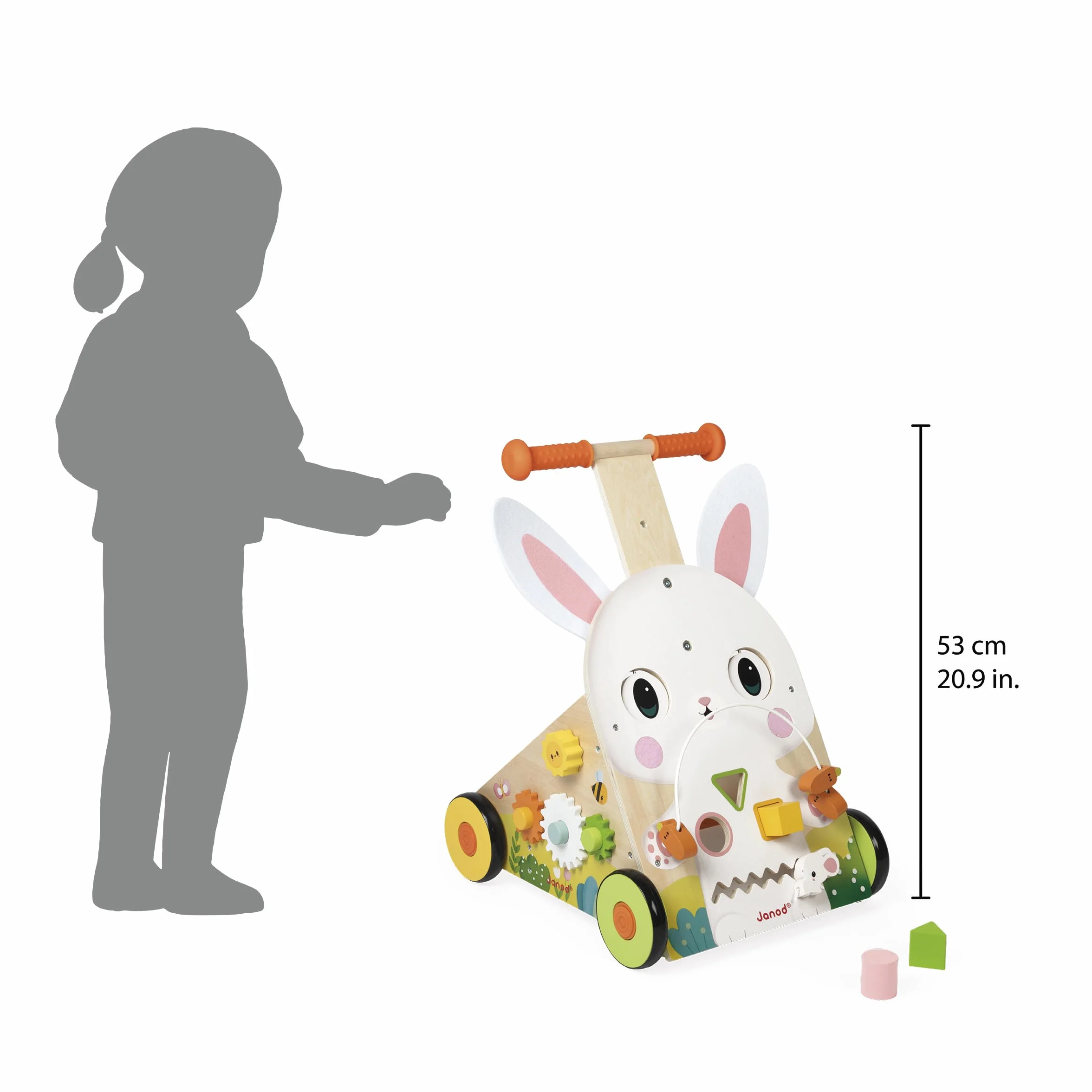 Janod Chariot Multi-Activités Ferme, Carretto di Legno da Spingere, 9 attività, Sistema frenante Brevettato e Ruote silenziose, Giocattolo evolutivo per Bambini, da 12 Mesi, J03326