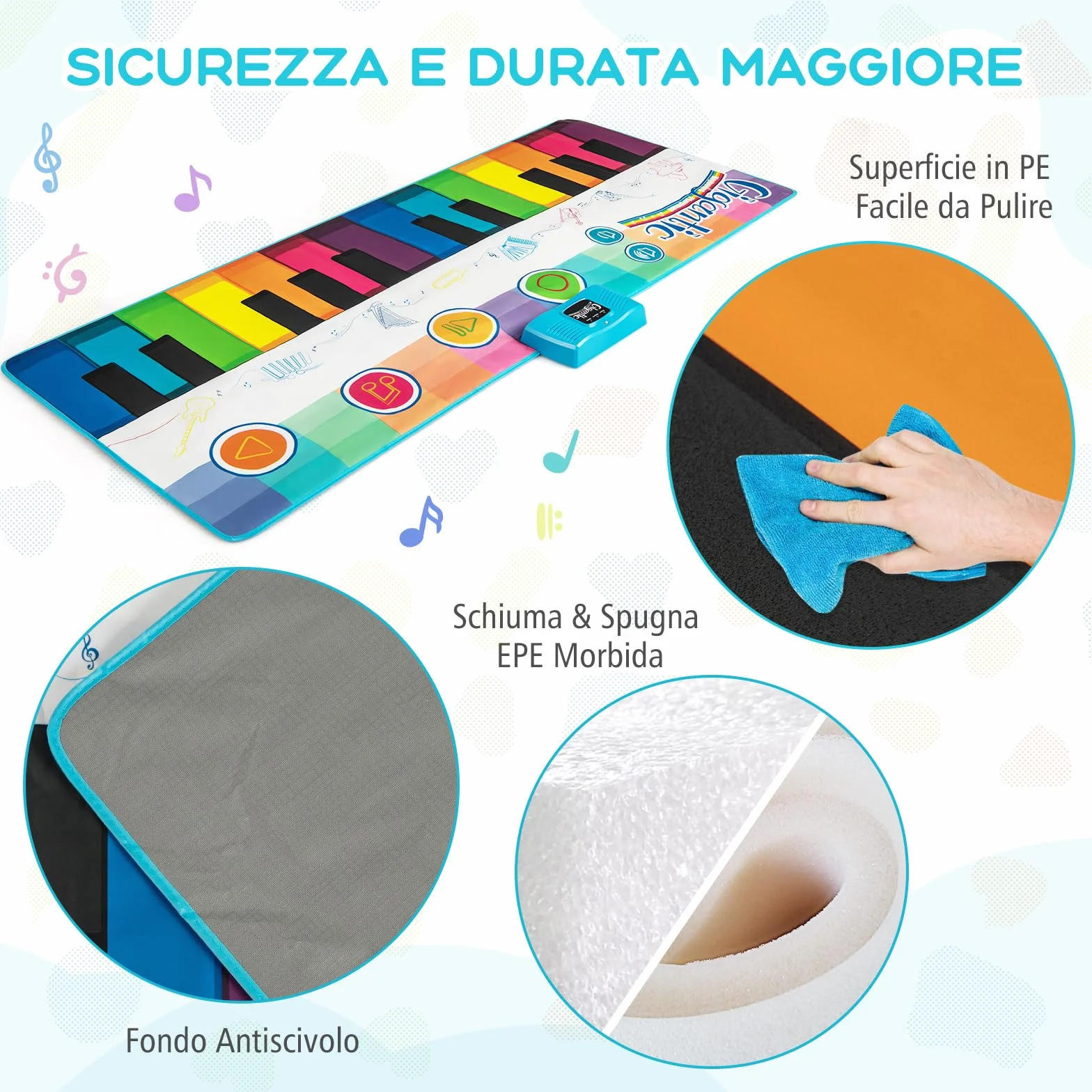 GYMAX Tappeto Pianoforte da 181 CM, Grande Tappeto da Ballo con Pianoforte a Tastiera con 24 Tasti, 8 Suoni di Strumenti, 10 Canzoni, Riproduzione e Volume Regolabile, per Bambini 3+ Anni