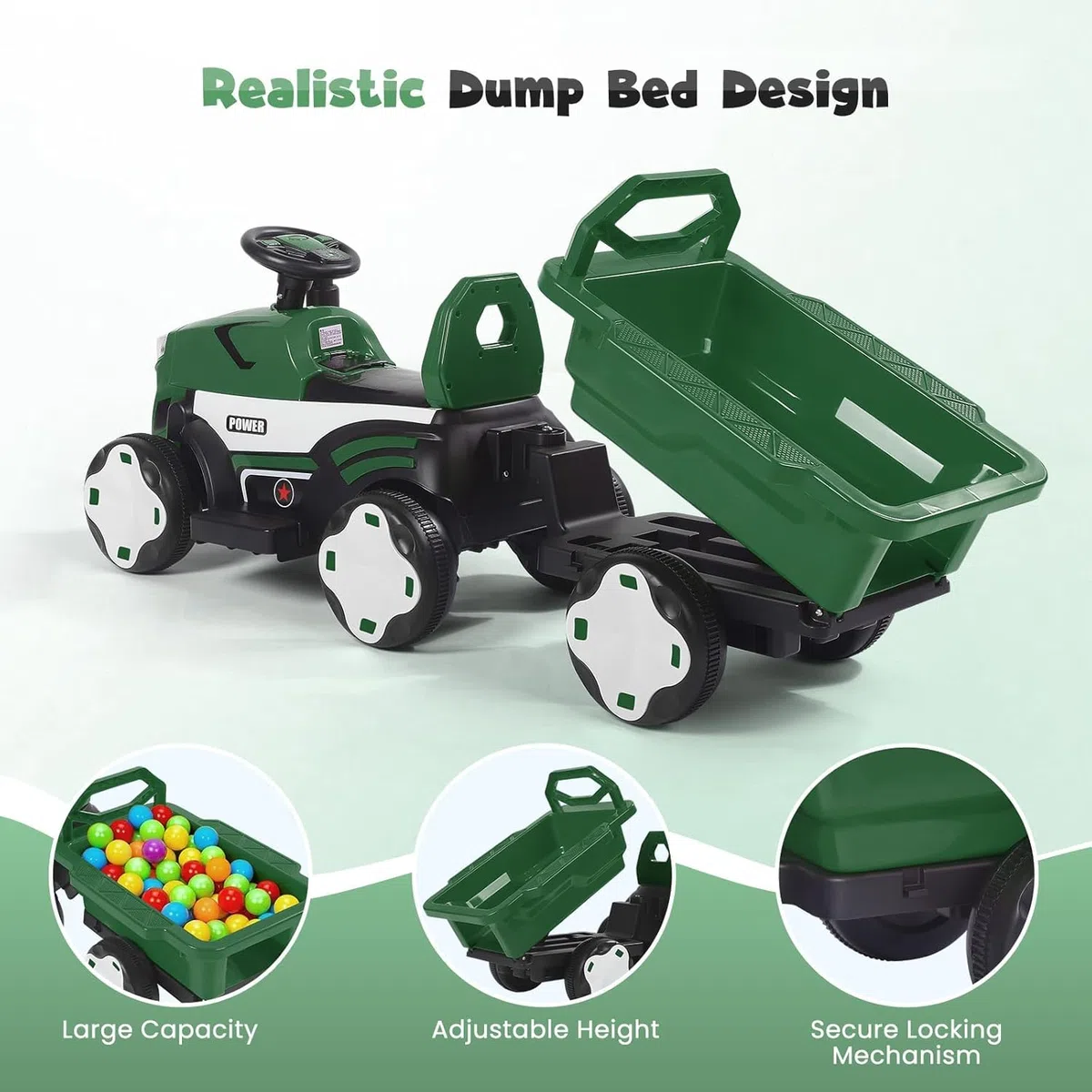 Trattore per Bambini Elettrico 2 in 1 con Rimorchio, LED, Musica, Ruote Antiscivolo, Portata 50 kg
