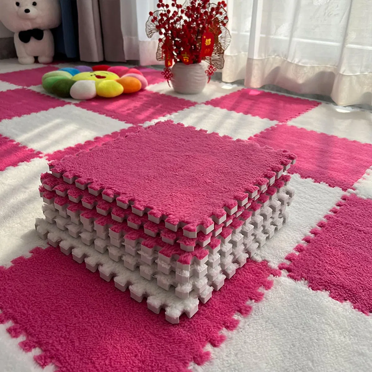 50 tappetini in schiuma di peluche a incastro, 30 x 30 cm, per soggiorno, camera da letto, 50 pezzi, colore rosa