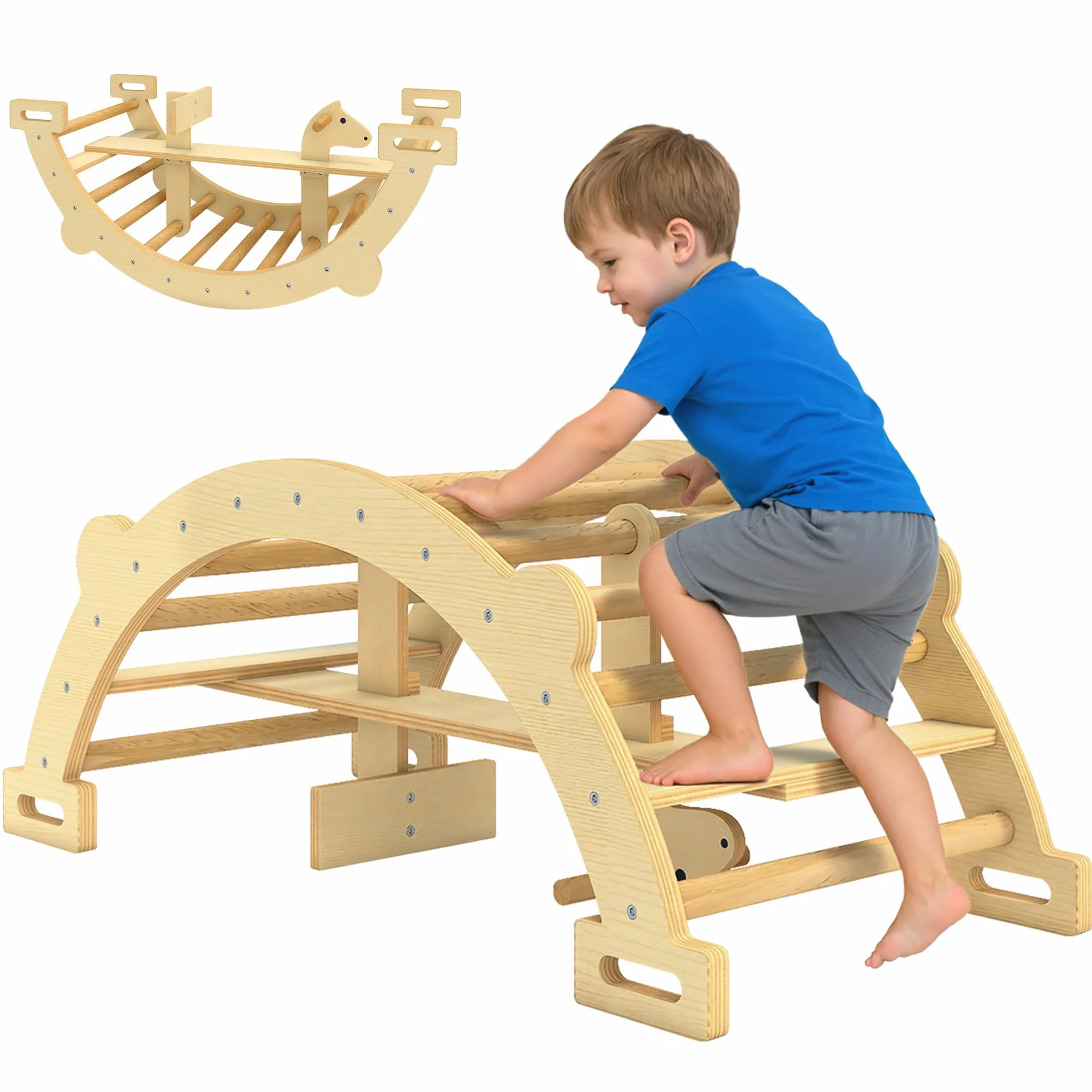 AIYAPLAY Arco Montessori per Bambini 2-4 Anni Convertibile in Dondolo, Gioco Arrampicata in Legno, 110x52x45 cm, color Legno