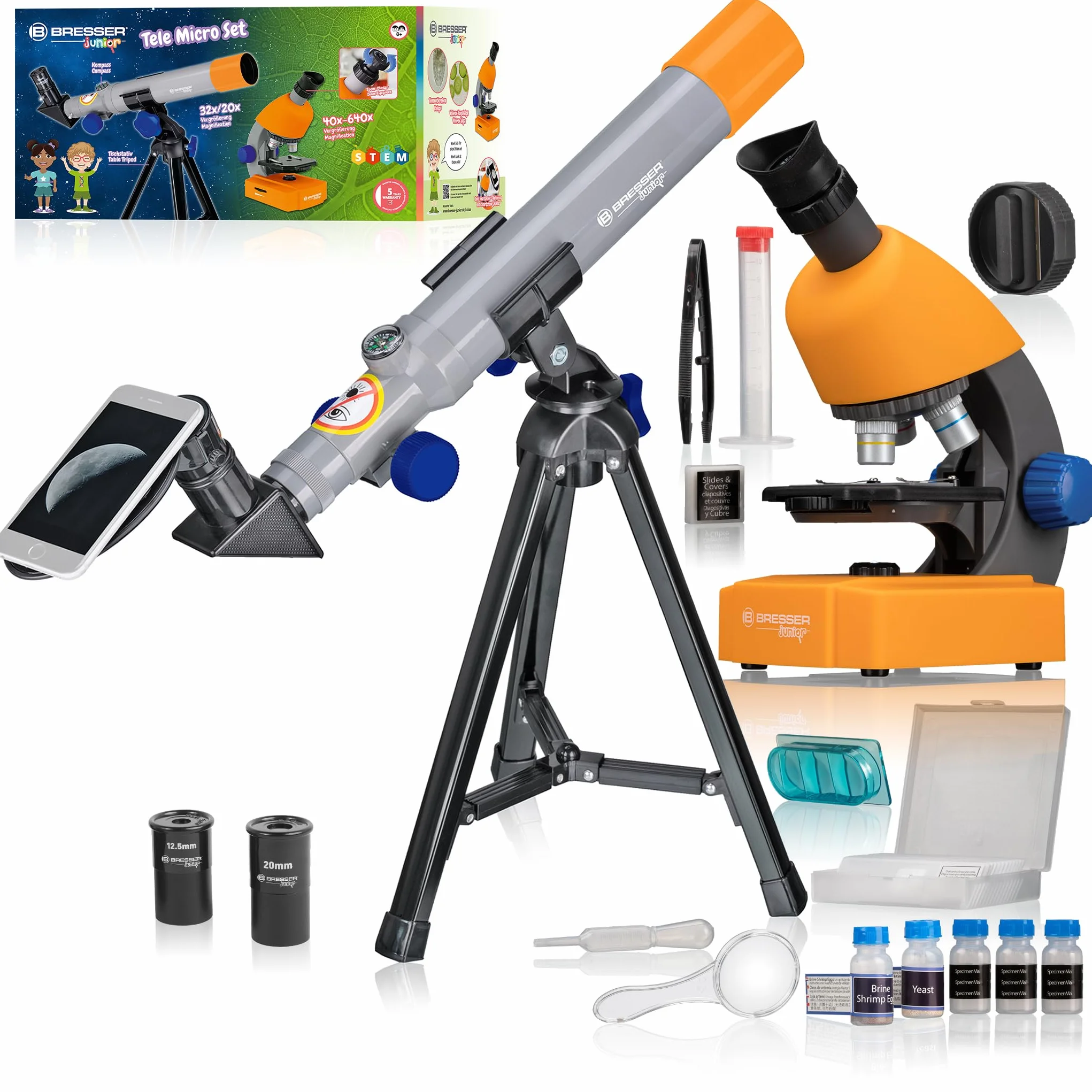 Bresser Junior - Set microscopio e telescopio con microscopio 40x 640x e telescopio 40/400 mm, per bambini a partire da 8 anni