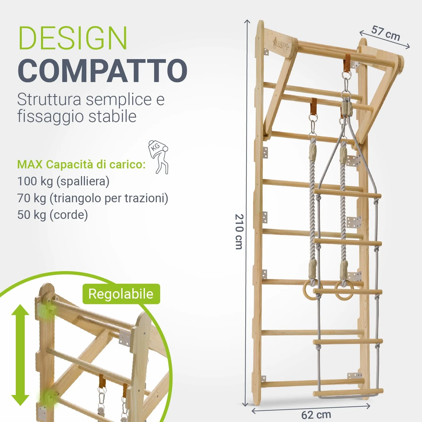 Juskys spalliera per bambini - con barra di trazione, struttura di arrampicata per interni con anelli ginnici e scala di corda, parete di arrampicata per la stanza dei bambini, barra ginnica
