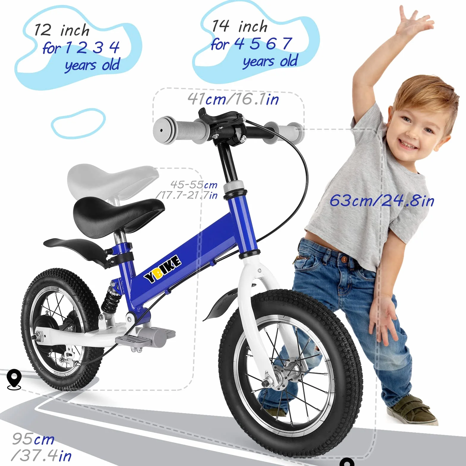 Ybike Bicicletta Senza Pedali,2 in 1 Bici Per Bambini da 12 14 Pollici, Per Bambini da 2 a 7 anni,4 Colori Bici da Equilibrio Con Freno,Ammortizzatore, Parafanghi