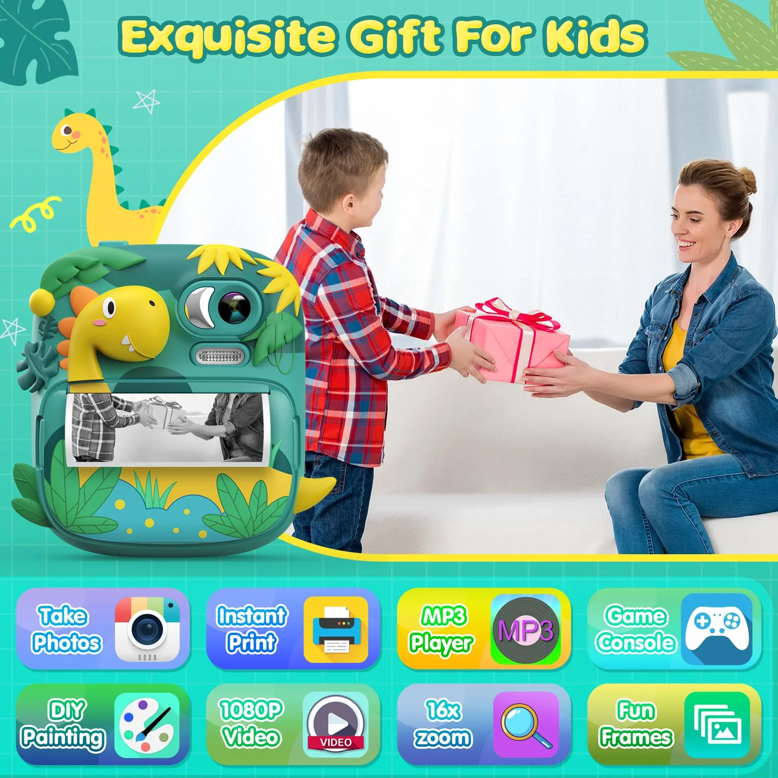 Macchina Fotografica Bambini Istantanea, CAMCLID 2,4 Pollici Fotocamera Bambini con 32GB Scheda, 12MP/1080P Fotocamera Digitale Dinosauro, Regali per Ragazzi Ragazze da 3-12 Anni (Verde)