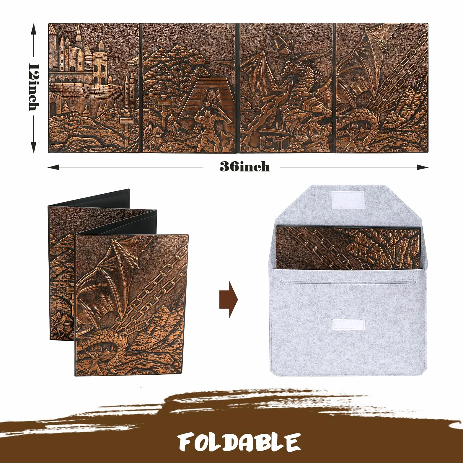 DNDND DM Screen - Schermo 3D in finta pelle con drago goffrato, schermo DND Master con custodia regalo per giochi da tavolo D&D Dungeon e Dragon (rame)