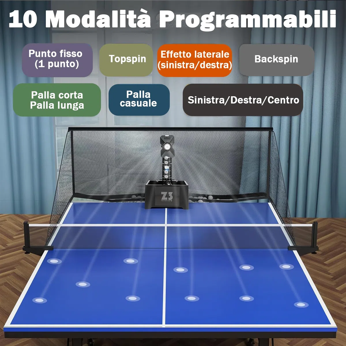 OUKANING Robot da Ping Pong - Macchina Automatica per Allenamento, 10 Modalità, Velocità 4-40m/s, Frequenza 35-90 Palline/min, Capacità 100 Palline, Rete 152x137cm – Per Scuole e Sport