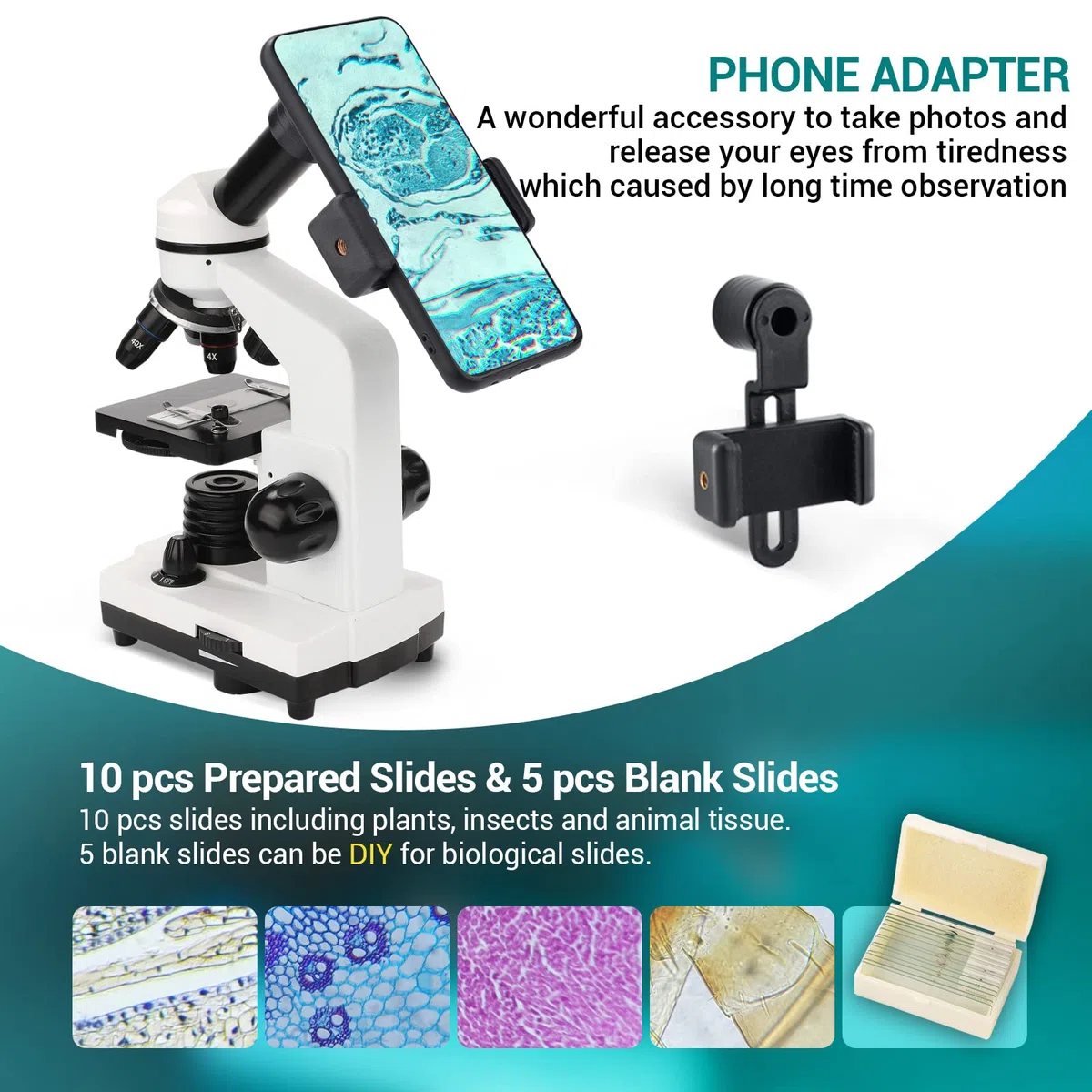 Microscopio per Bambini Studenti Ragazzi 100X-1000x, con vetrini preparati, adattatore per telefono, per Scuola Laboratorio Home biologico scientifico Enducation