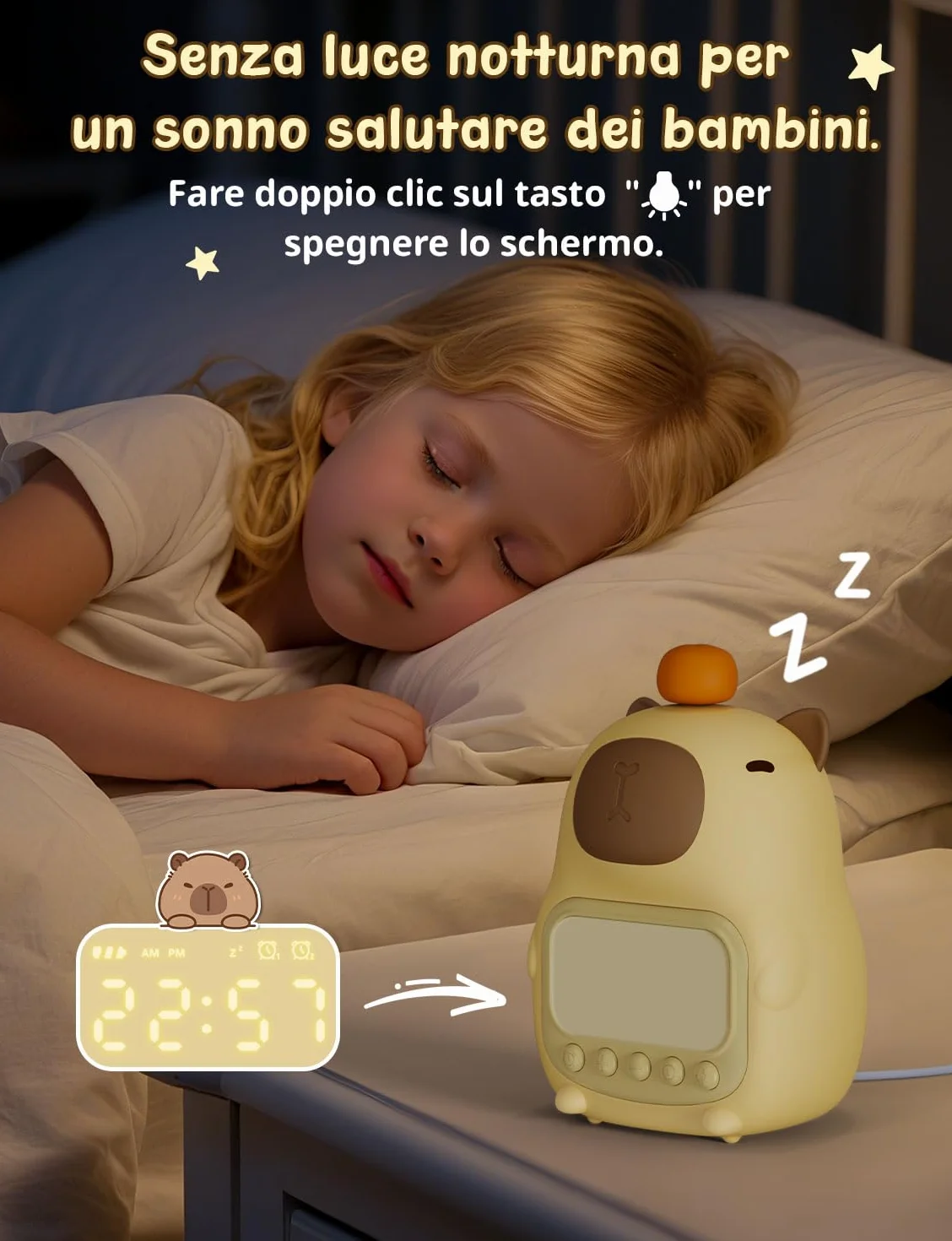 YISSVIC Sveglia per Bambini con 2 Sveglie, Regolazione Volume, Funzione Snooze, 5 Suonerie, Luci Notturne Sveglia Ricaricabile 1800 mAh