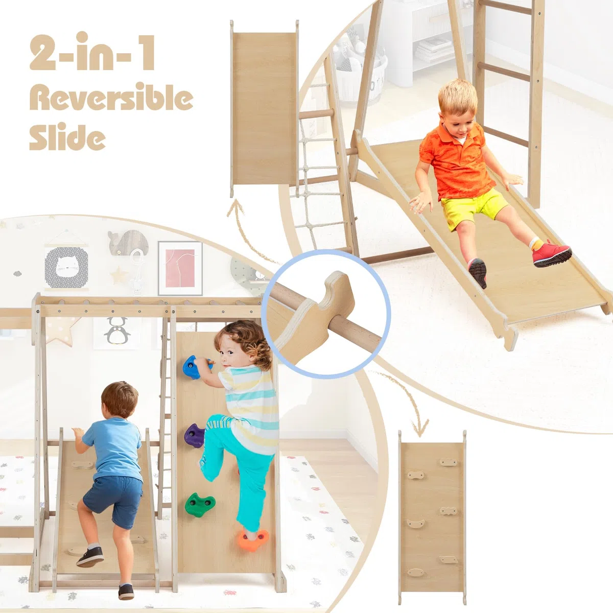 HOMASIS 6w1 Arrampicata per Bambini, Palestra con Scivolo Doppia Faccia, Rete, Scala, Canestro, Parete Arrampicata, Barre Scimmia, 3+ Lat Naturale