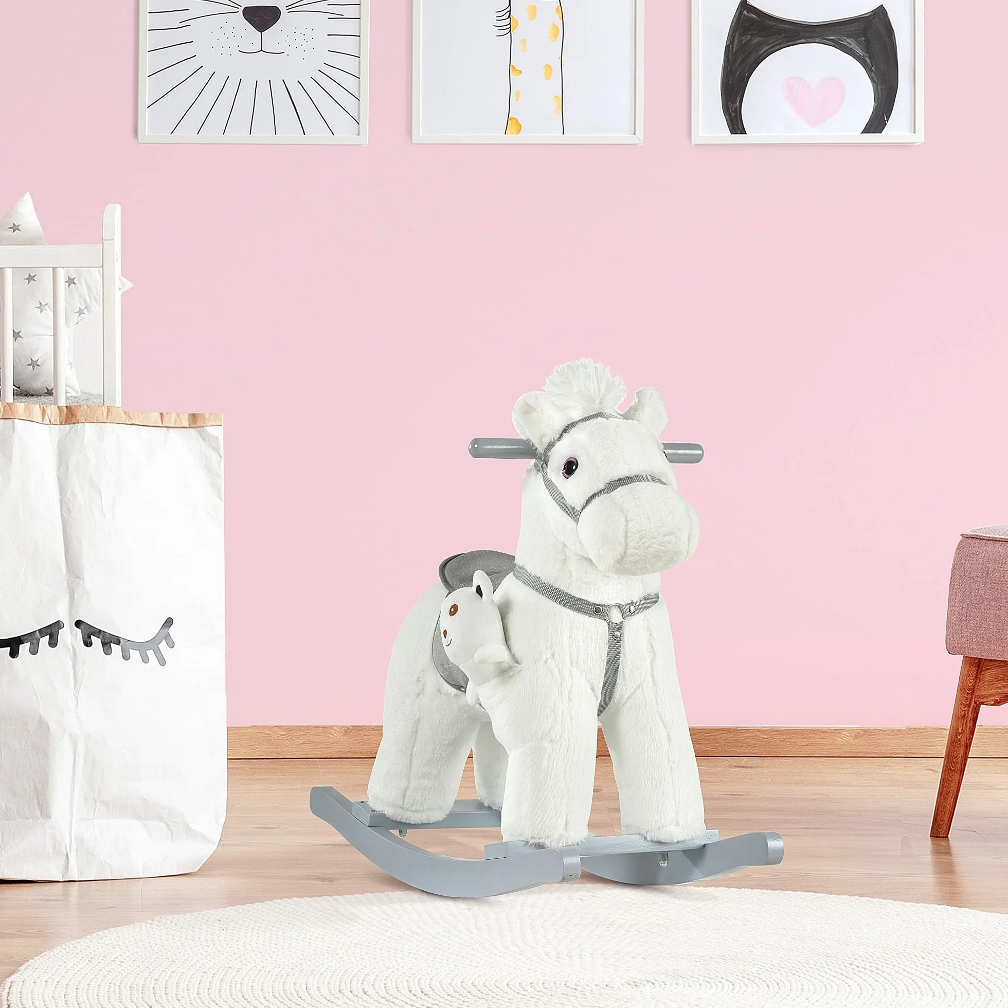 HOMCOM Cavallo a Dondolo per Bambini in Peluche e Legno con Suoni e Orsetto Incluso, per Bimbi da 18-36 Mesi, 65x26x55cm, Bianco
