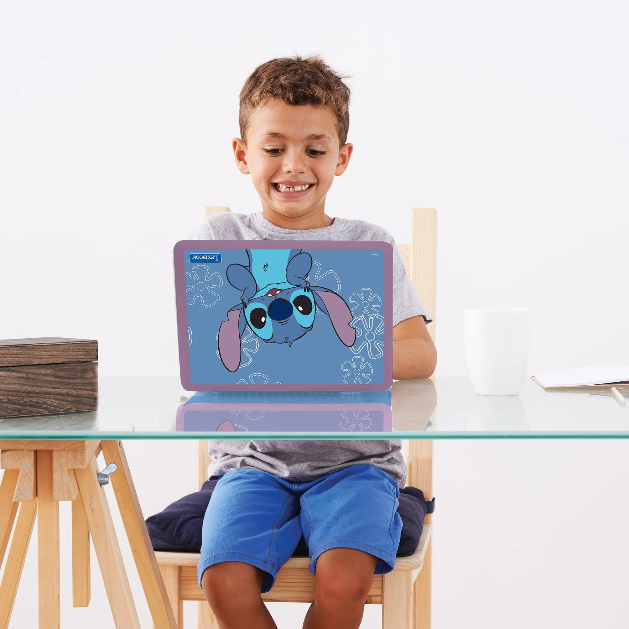 LEXIBOOK, Disney Stitch, Laptop bilingue ed educativo Inglese/Francese Giocattolo per Bambini, 170 attività da Imparare, Giocare e Musica, Schermo Grande, Blu/Viola, JC599Di1