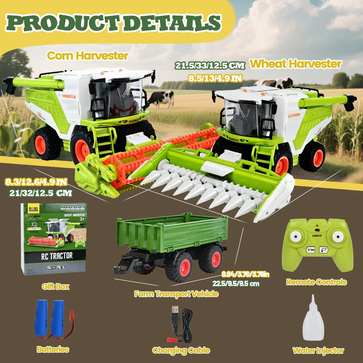 Joellfuner Mietitrebbia Telecomandata, RC Trattore Telecomandato, Mietitrice con Funzione Luce Suono e Spray, Trattore Agricolo Include Rimorchio, Giocattoli da Collezione per Bambini dai 3 Anni