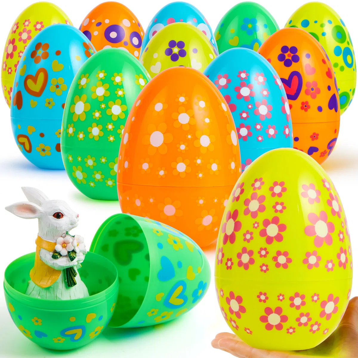 JOYIN 12 uova di Pasqua Jumbo da 17,8 cm, in plastica brillante, tinta unita, 6 colori assortiti, stampate uova vuote per riempire dolcetti, bomboniere, caccia, cestini, riempitivi, premi in classe