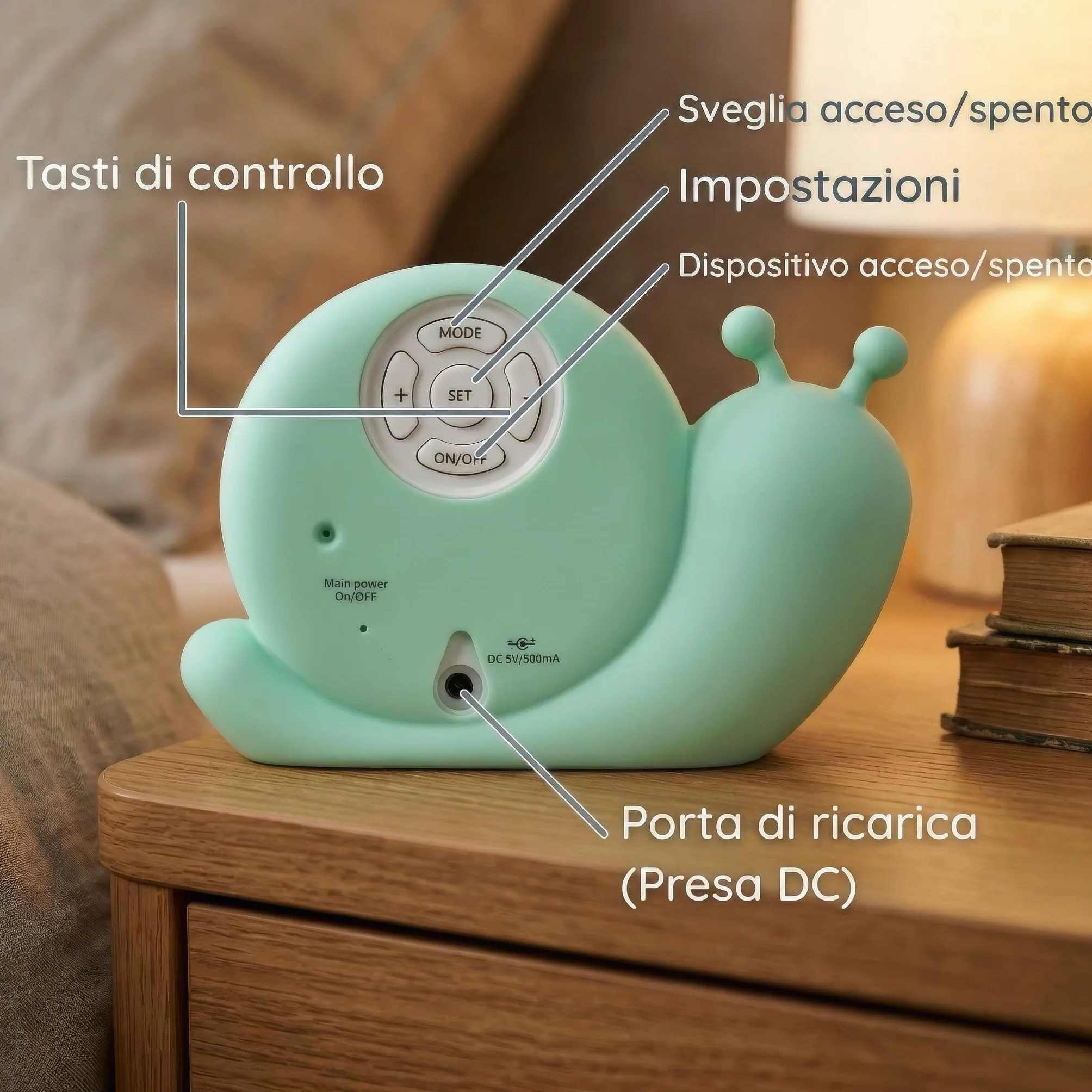 Alecto Baby BC110GN SIMON - Addestratore del sonno, luce notturna e sveglia, lumaca, verde menta