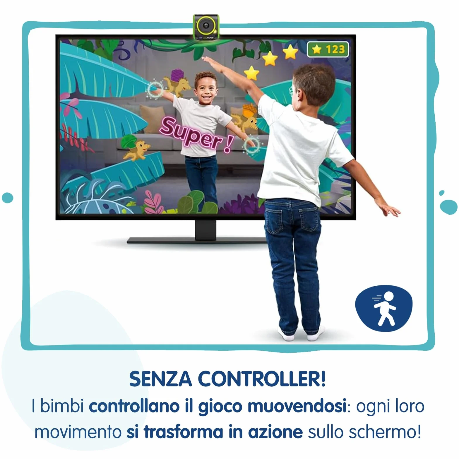 VTech LeapMove, Console TV Interattiva per Bambini, Rileva i Movimenti Senza Controller, Pronta all'Uso, 25 Giochi Educativi, 3 Profili Giocatore, Lingua Italiana, Cavi Inclusi, 4-11 Anni