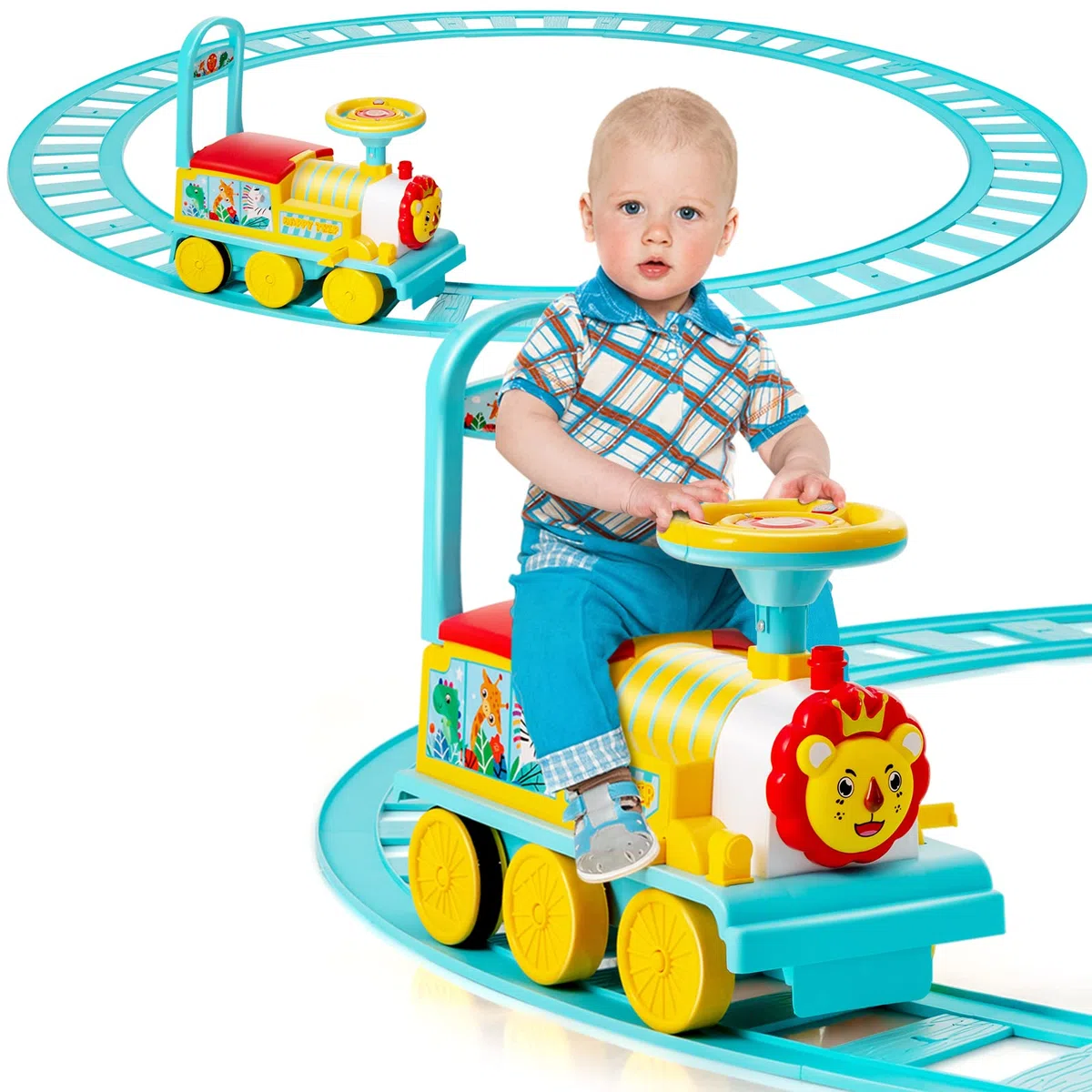 COSTWAY Trenino Elettrico per Bambini, Treno Giocattolo con 16 Pezzi di Binari, con Luci e Suoni, Scatola di Stoccaggio, Regalo per Bambini Anni 3+ (Blu)