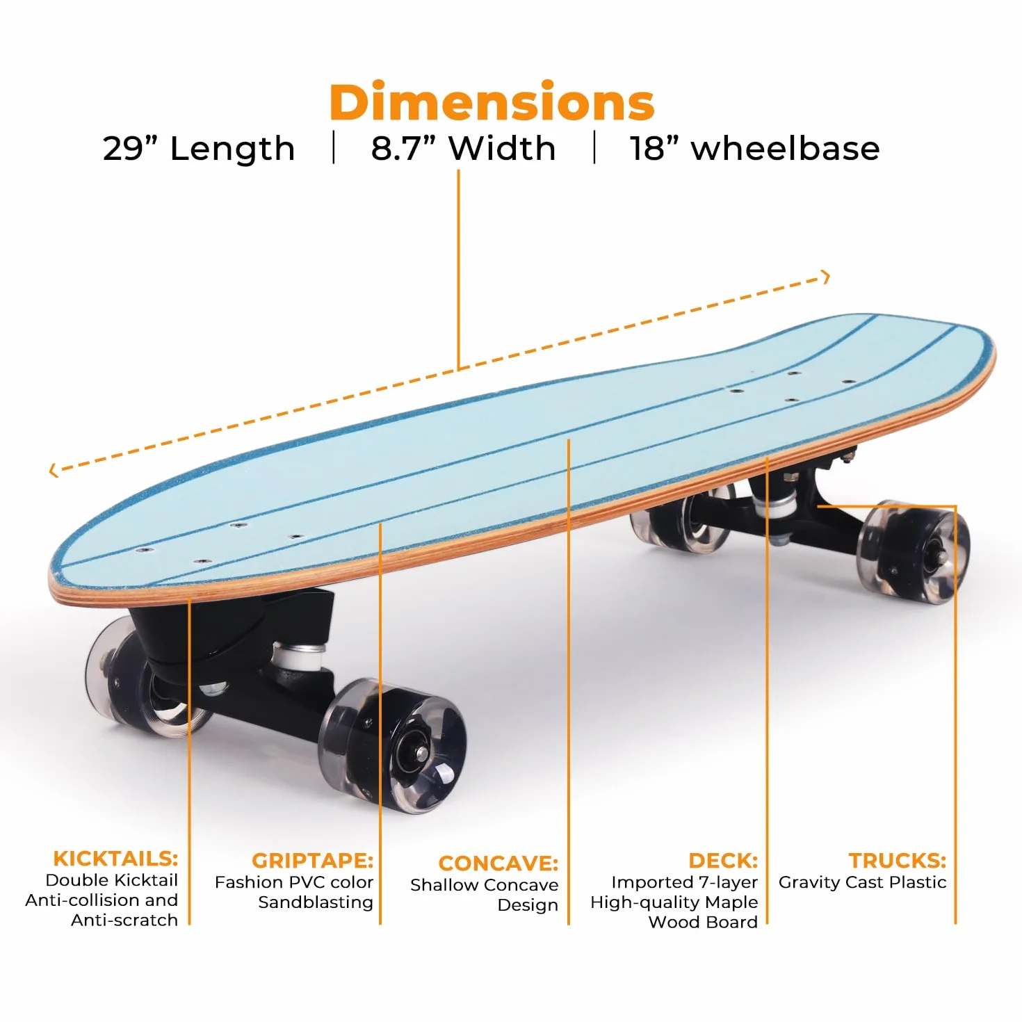 Nattork Skateboard completo da 29" x 8" per bambini, skateboard Cruiser per principianti, doppio kick girls, skateboard con legno d'acero (Black Hole)