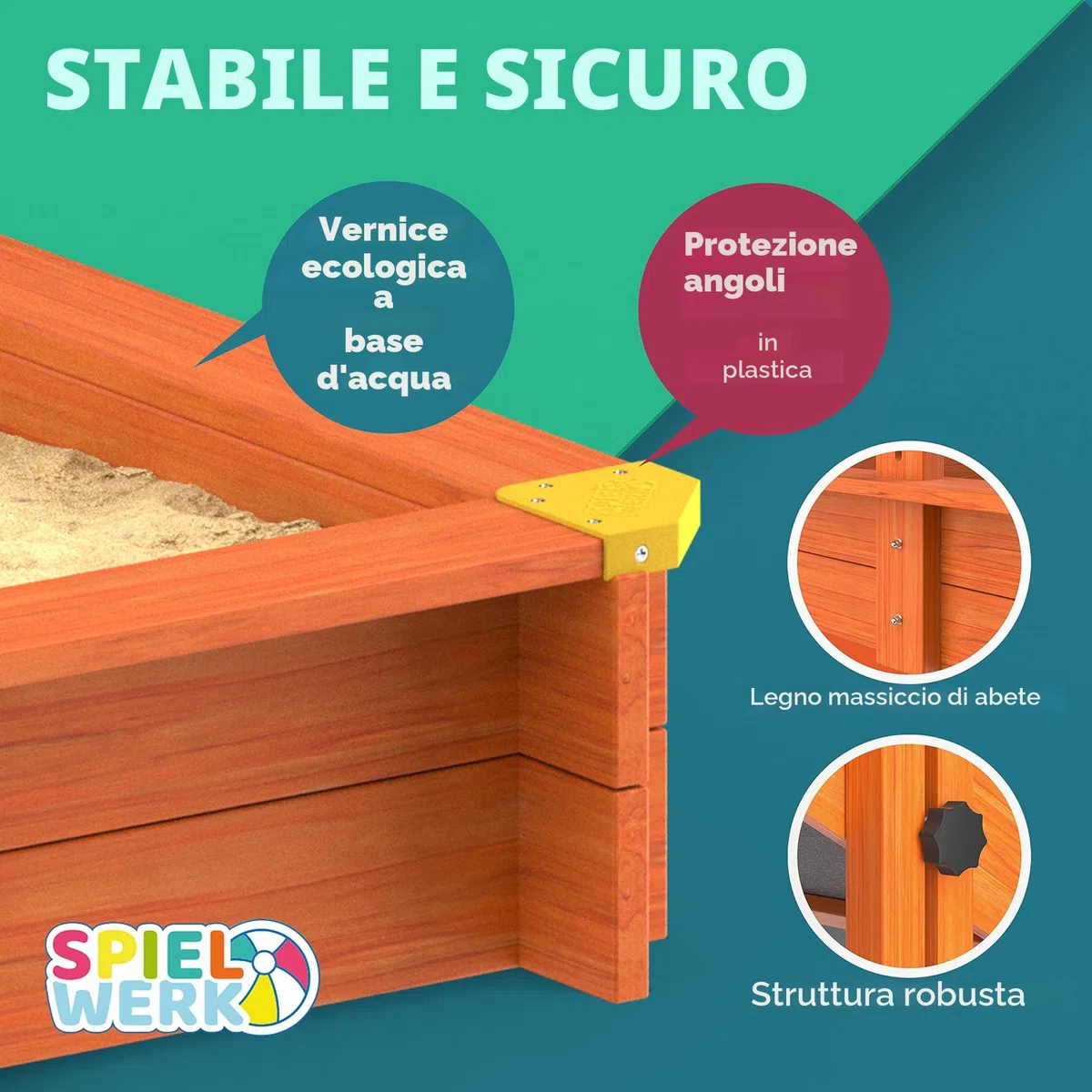 Spielwerk Sabbiera con Tetto 133x127x137cm Protezione UV 50 Legno Naturale Sandbox Bambini Gioco Esterno Playhouse