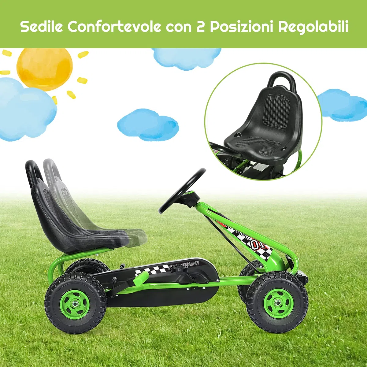 Go Kart dla Dzieci RELAX4LIFE 4 Koła, Fotelik Regulowany, Hamulec Ręczny, Zielony