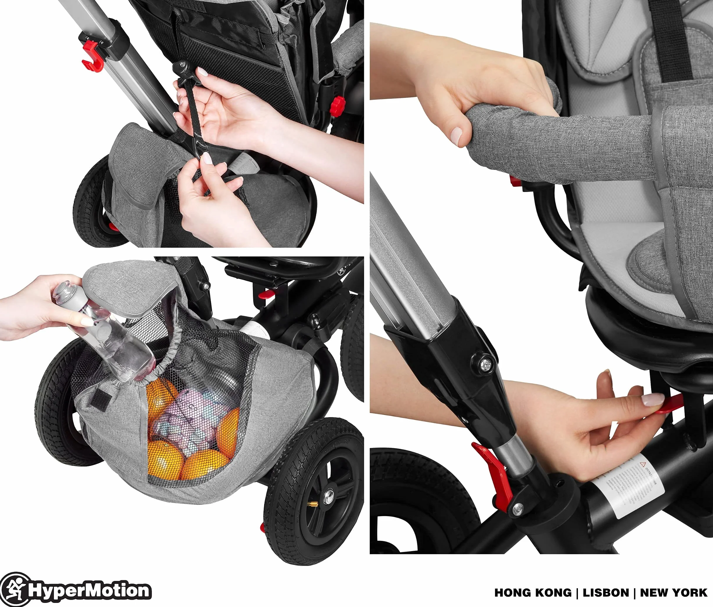 HyperMotion Passeggino Triciclo Evolutivo per Bambini 12 Mesi - 5 Anni, Bicicletta con Sedile Girevole e Ruote Gonfiabili, Portata 25 kg, Pieghevole con Parapioggia, Ideale per Parco e Giardino - Grey