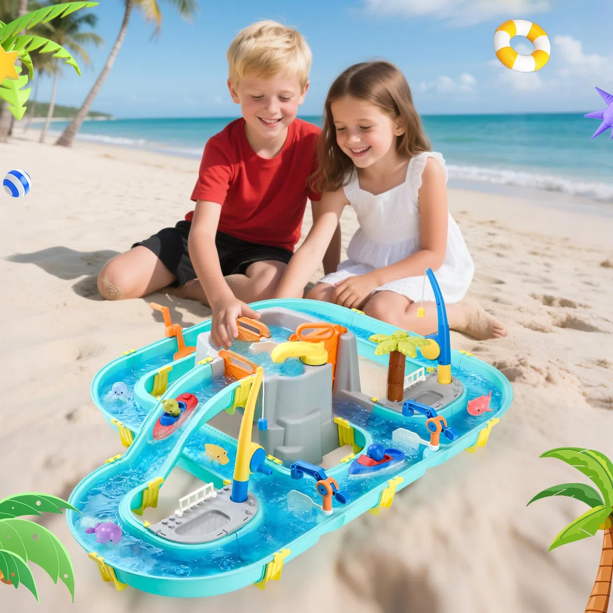 Gioco Acqua con Pista, 80 Pezzi Tavolo Acqua Bambini Esterno - con Barche, Pesca Magnetica & Animaletti, Giocattolo Estivo per Giardino e Spiaggia da 3+ Anni