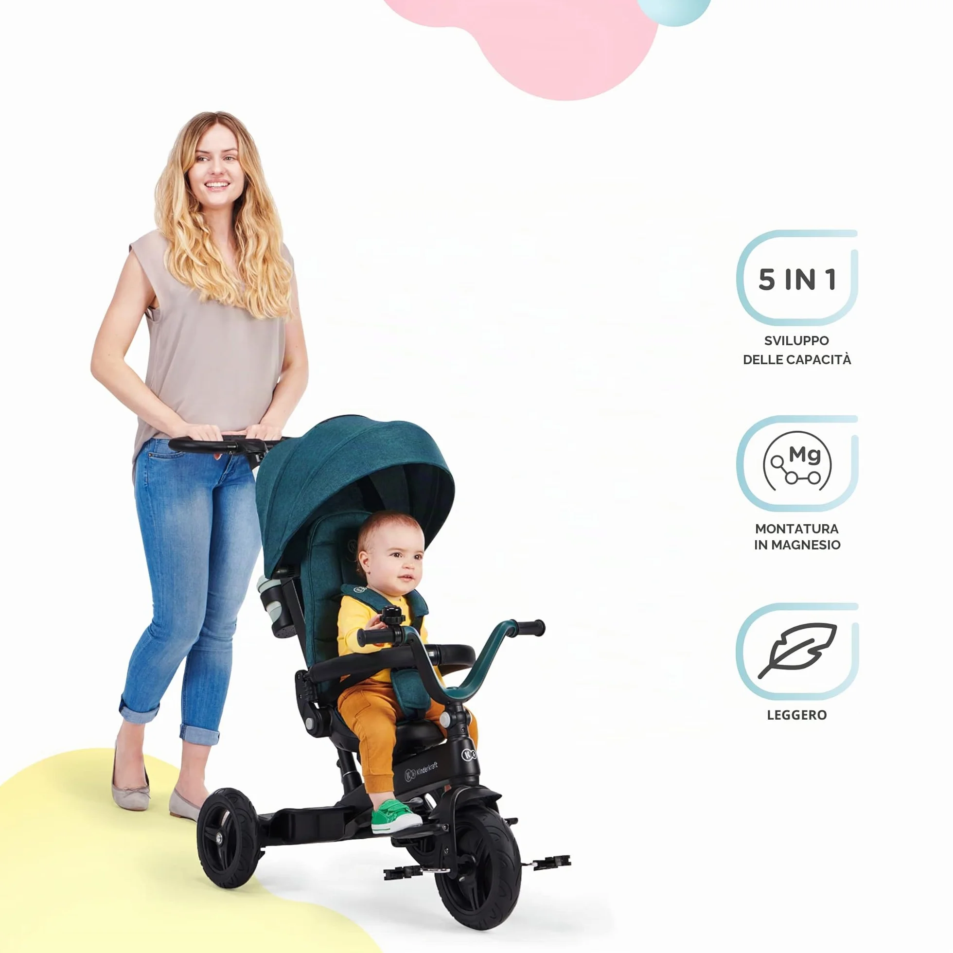 Kinderkraft Triciclo Evolutivo TWIPPER, con Maniglione, Sella Girevole 360 Gradi, Accessori, Campanello, Portabicchiere, da 9 Mesi fino a 5 Anni, Rosa