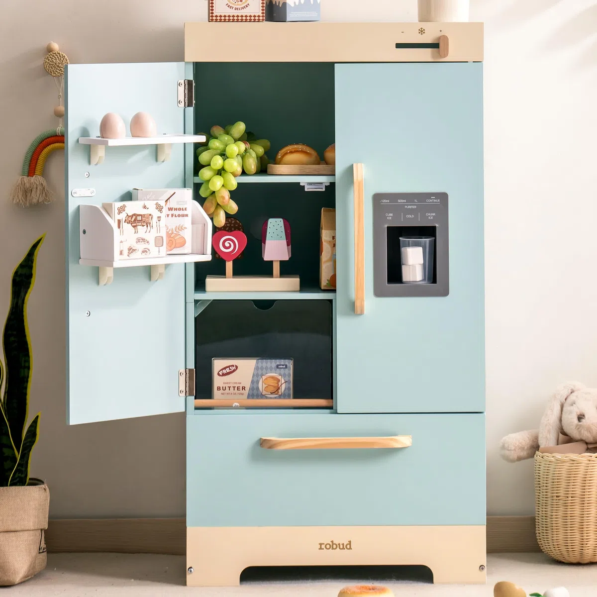 ROBUD Frigorifero in legno - realistico e interattivo con macchina per cubetti di ghiaccio e giocattoli alimentari - Adatto per bambini dai 3 anni in su