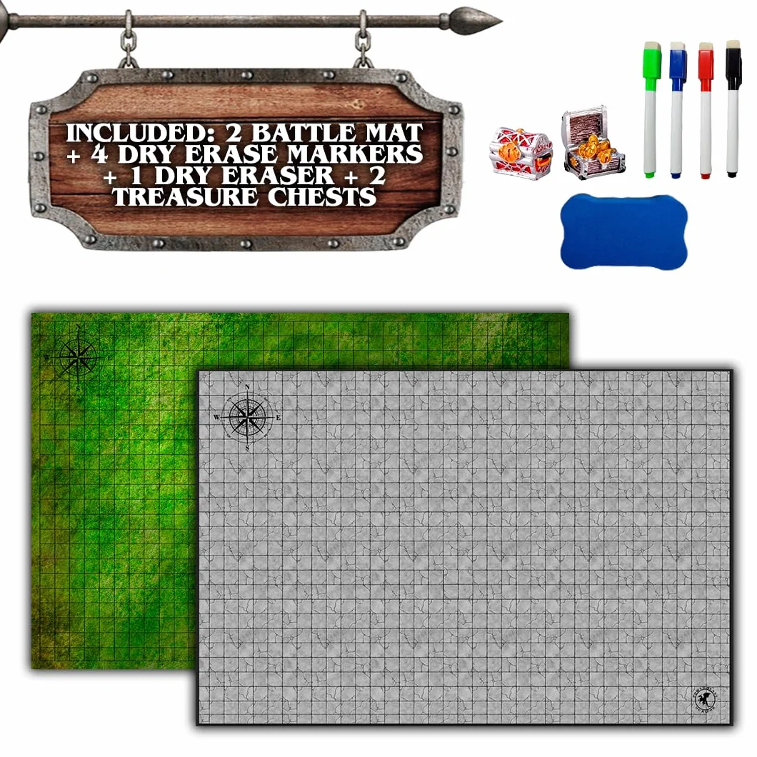 Dungeon Grid Game Mat, Pennarelli e Gomme, Scrigni del Tesoro, Tavolo da Gioco Riutilizzabile D&D