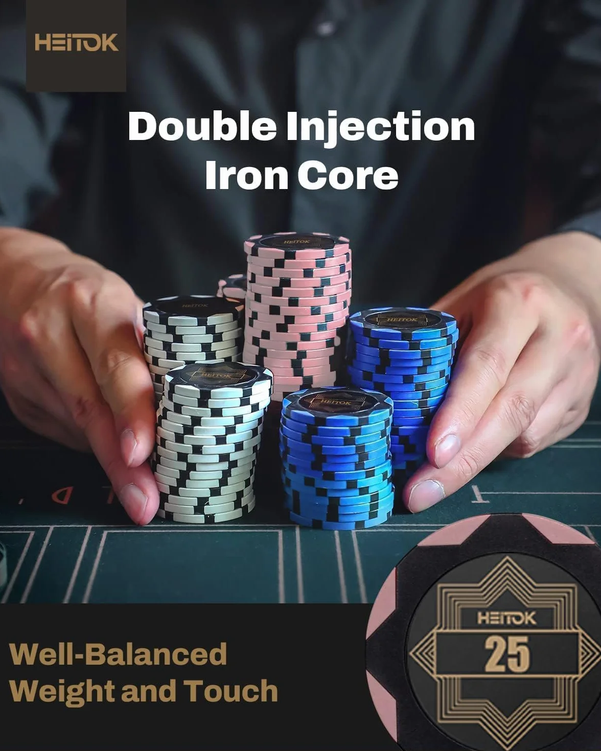 HEITOK Set Fiches Poker Clay Composite 500 pz 14g con valigetta | 500 pz 14g Clay Composite numerate con valigetta per Texas Holdem e Blackjack.