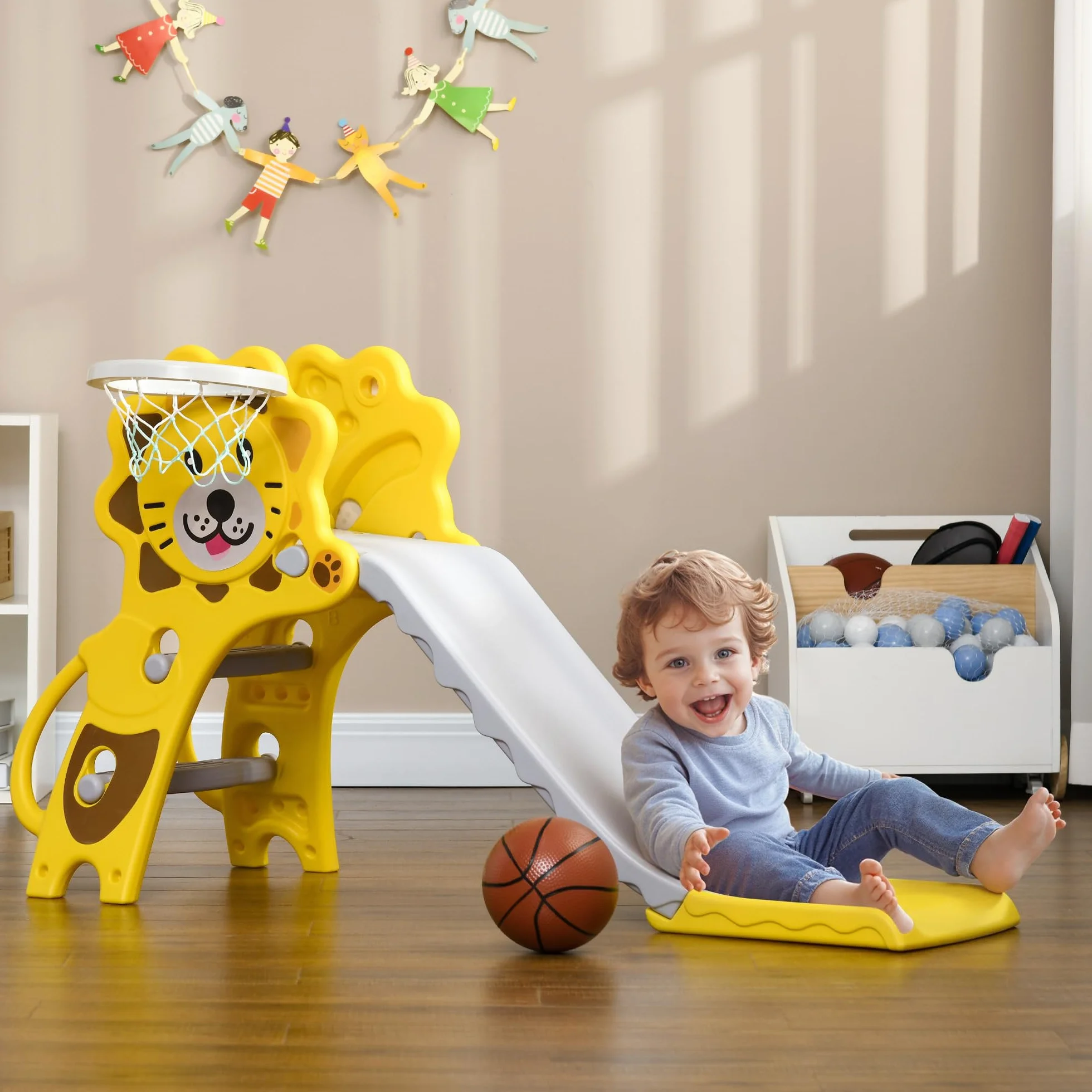 AIYAPLAY Scivolo per Bimbi 18-36 Mesi con Canestro da Basket Laterale, Scivolo in Plastica, 131x50x74 cm, Giallo e Grigio