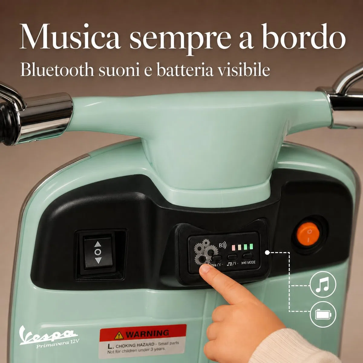 Piaggio Vespa Elettrica Bambini 12V TOYSCAR Moto Elettrica con Luci LED Bluetooth Sedile Pelle Retromarcia Rotelle Menta
