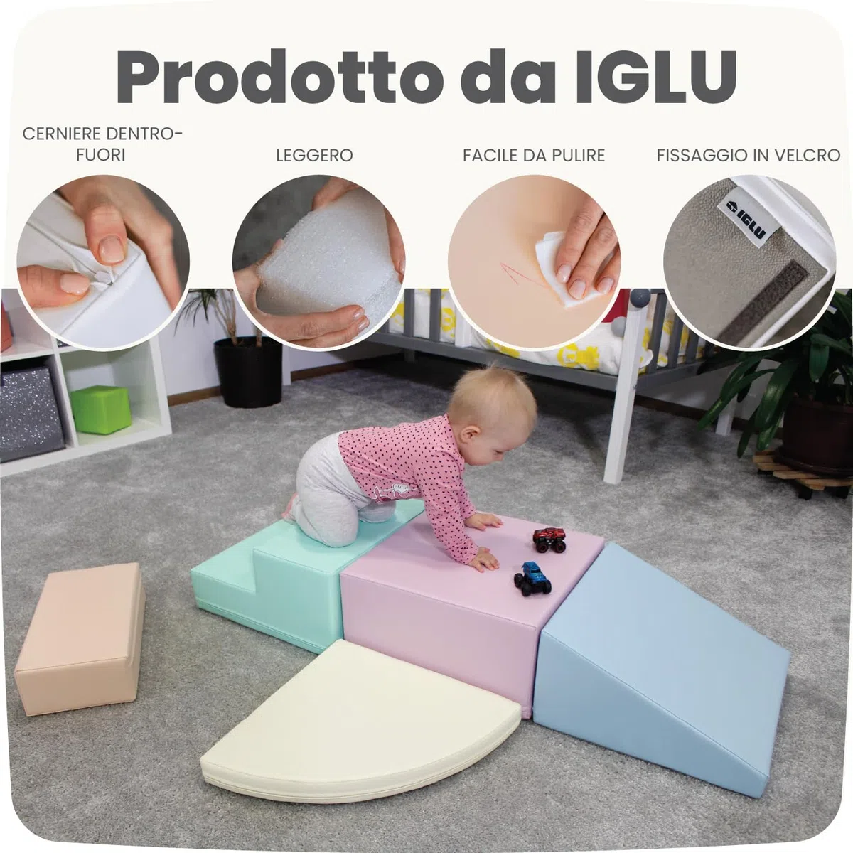 IGLU Soft Play Corner Climber Blocchi in Schiuma Set da Gioco 12+ mesi 5 XL Cubi Montessori Pastel