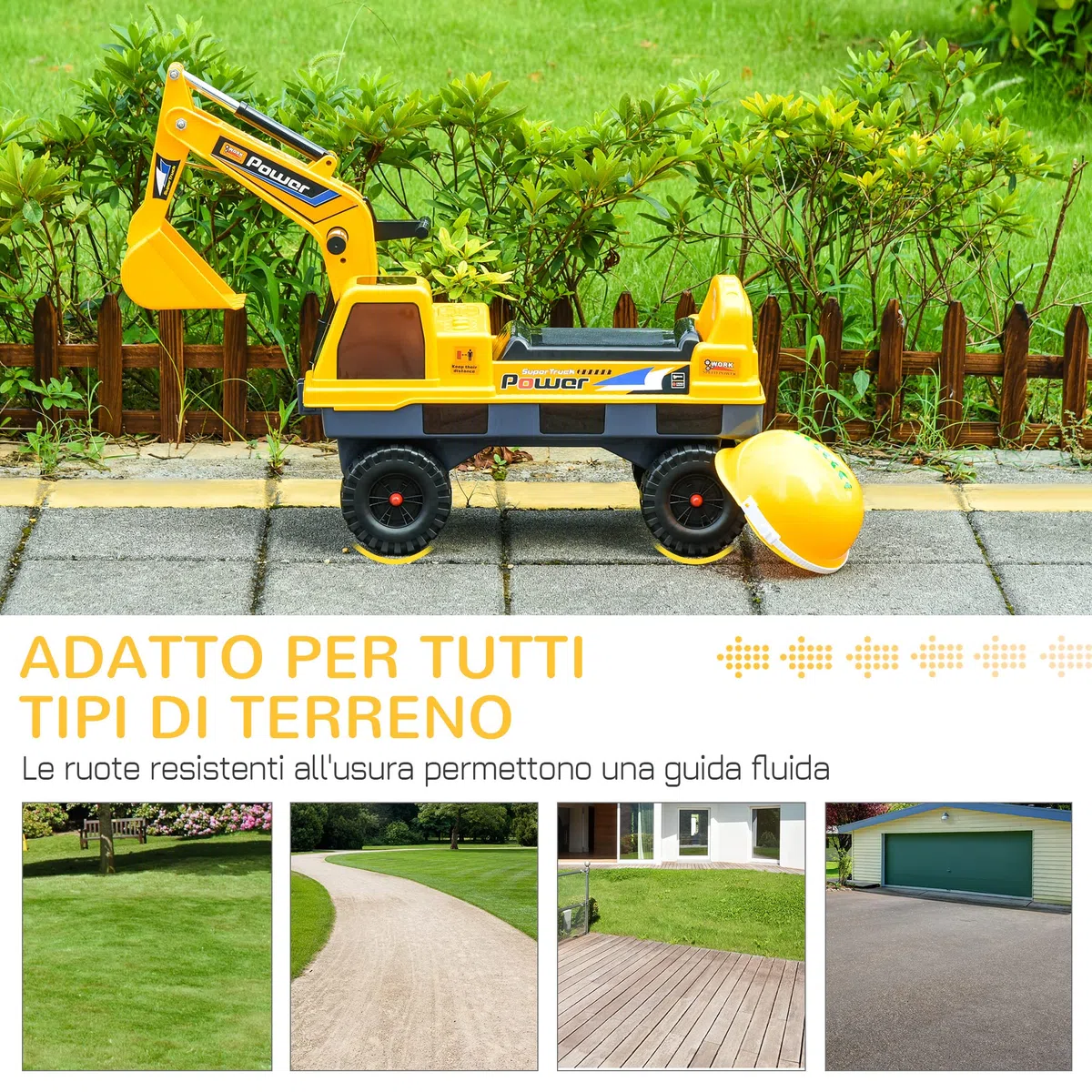 HOMCOM Ruspa Giocattolo 2 in 1 con Escavatore e Mordente, Vano Nascosto, Gioco Cavalcabile Bambini 2-3 Anni, 90x28x58cm, Giallo