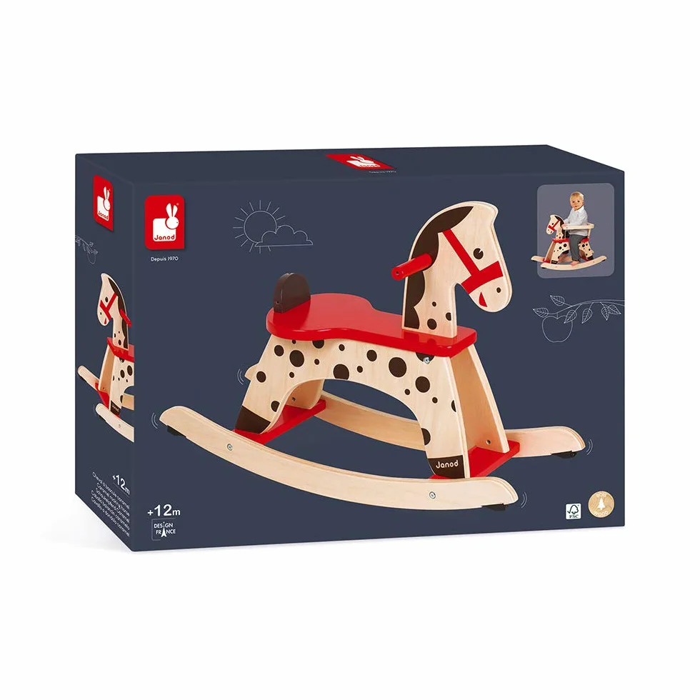 Janod - Cavallo a Dondolo in Legno Caramello - Giocattolo Primo Anno - Apprendimento Equilibrio - A Partire dall'anno, J05984, Marrone e Rosso