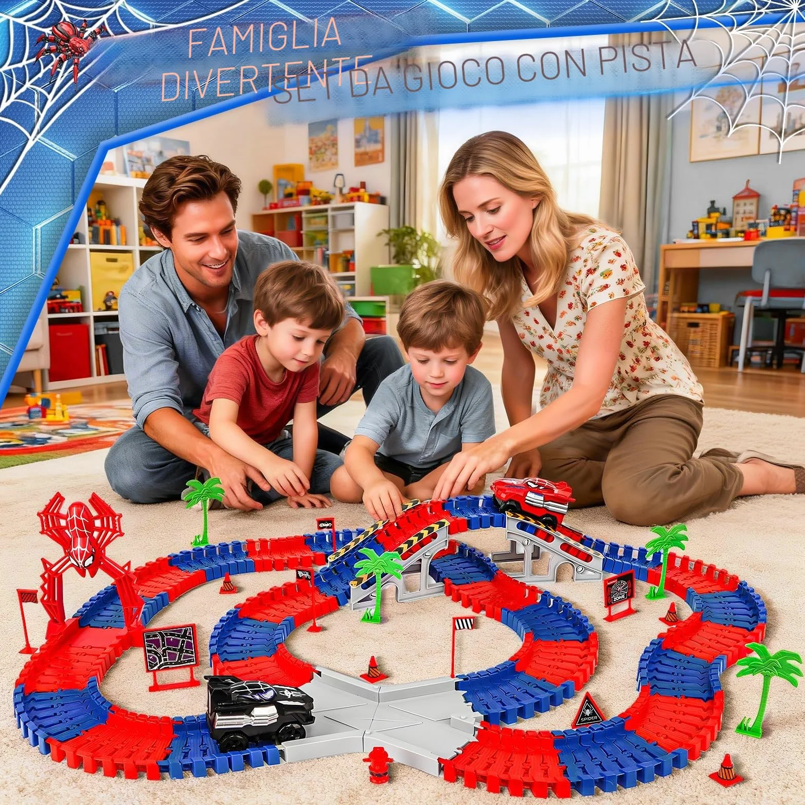 Kssvzz Spider Pista Macchinine 2 3 4 5 6 Anni Bambino, Flessibile Giocattolo Pista Auto Elettriche, Regalo Compleanno Natale Giochi per Bambini 2-8 Anni (212 Pezzi)