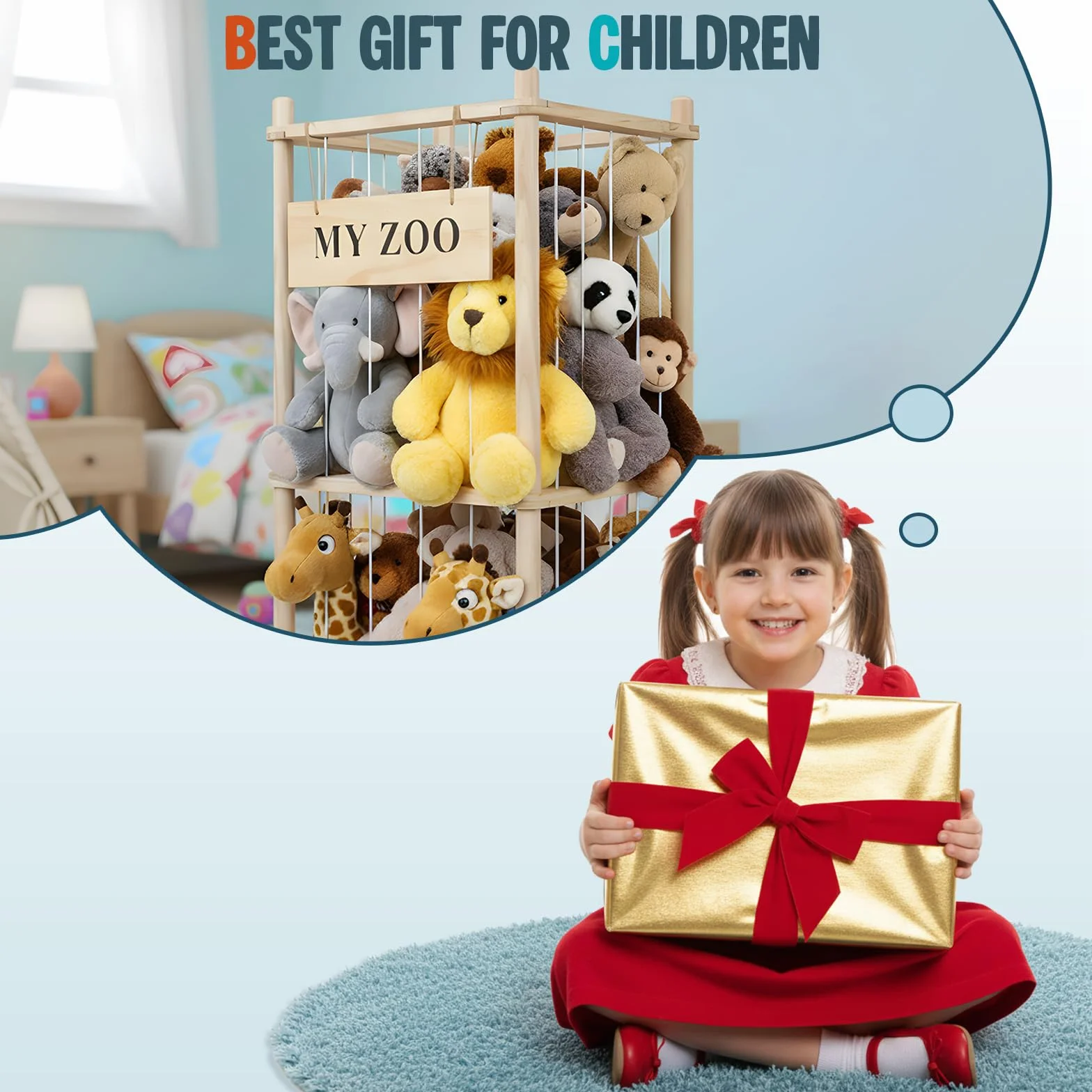Porta Peluche Verticale a 2 Ripiani, Portapeluche con Ruote Frenate a 360°, Organizer per Animali di Peluche e Giocattoli, per Camera dei Bambini, Sala Giochi, Soggiorno, 95 x 40 x 40 cm
