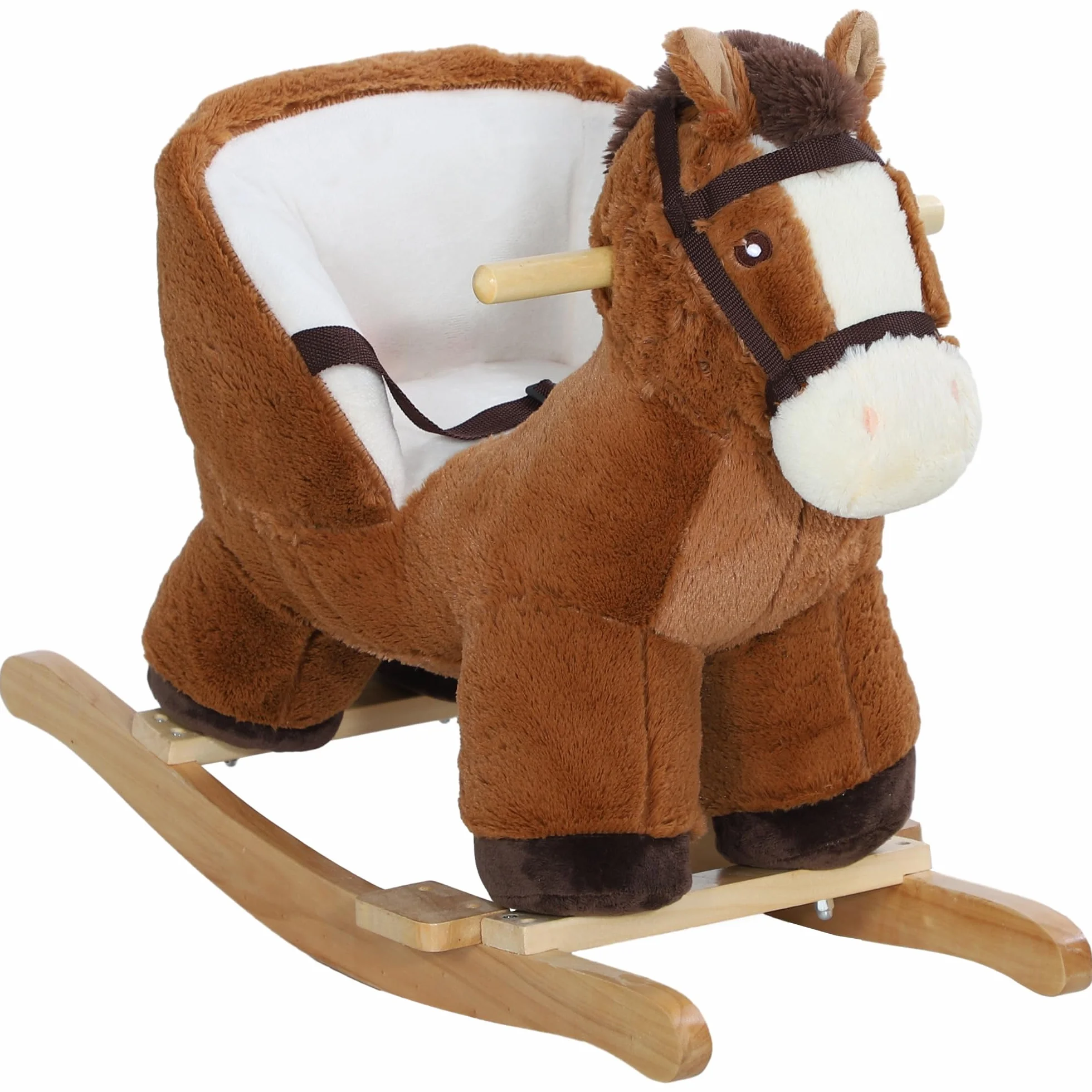AIYAPLAY Cavallo a Dondolo per Bambini 18-36 Mesi, Cavallino in Peluche con Suoni, Base in Legno e Cintura di Sicurezza, Marrone